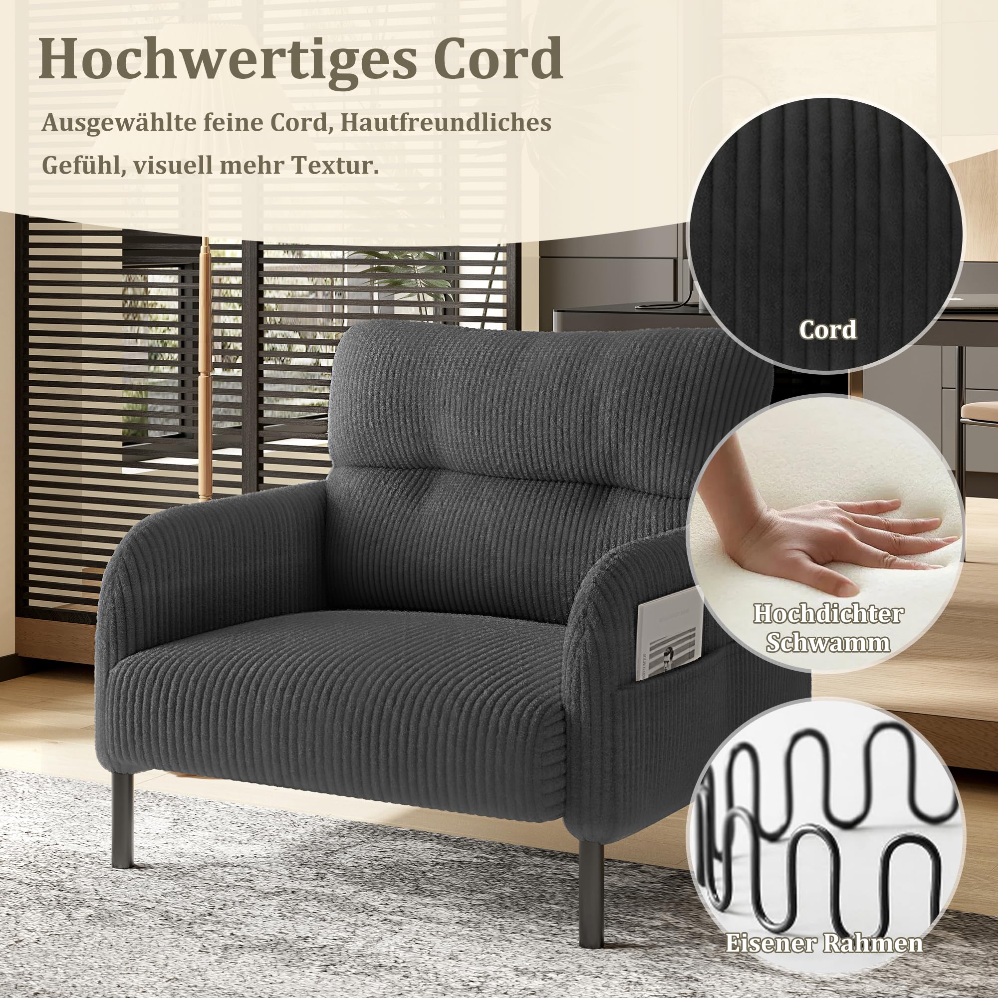 Poltrona moderna per soggiorno, imbottita con tasche laterali, comoda poltrona da lettura con rivestimento in velluto a coste e piedini in metallo, per soggiorno, camera da letto, ufficio