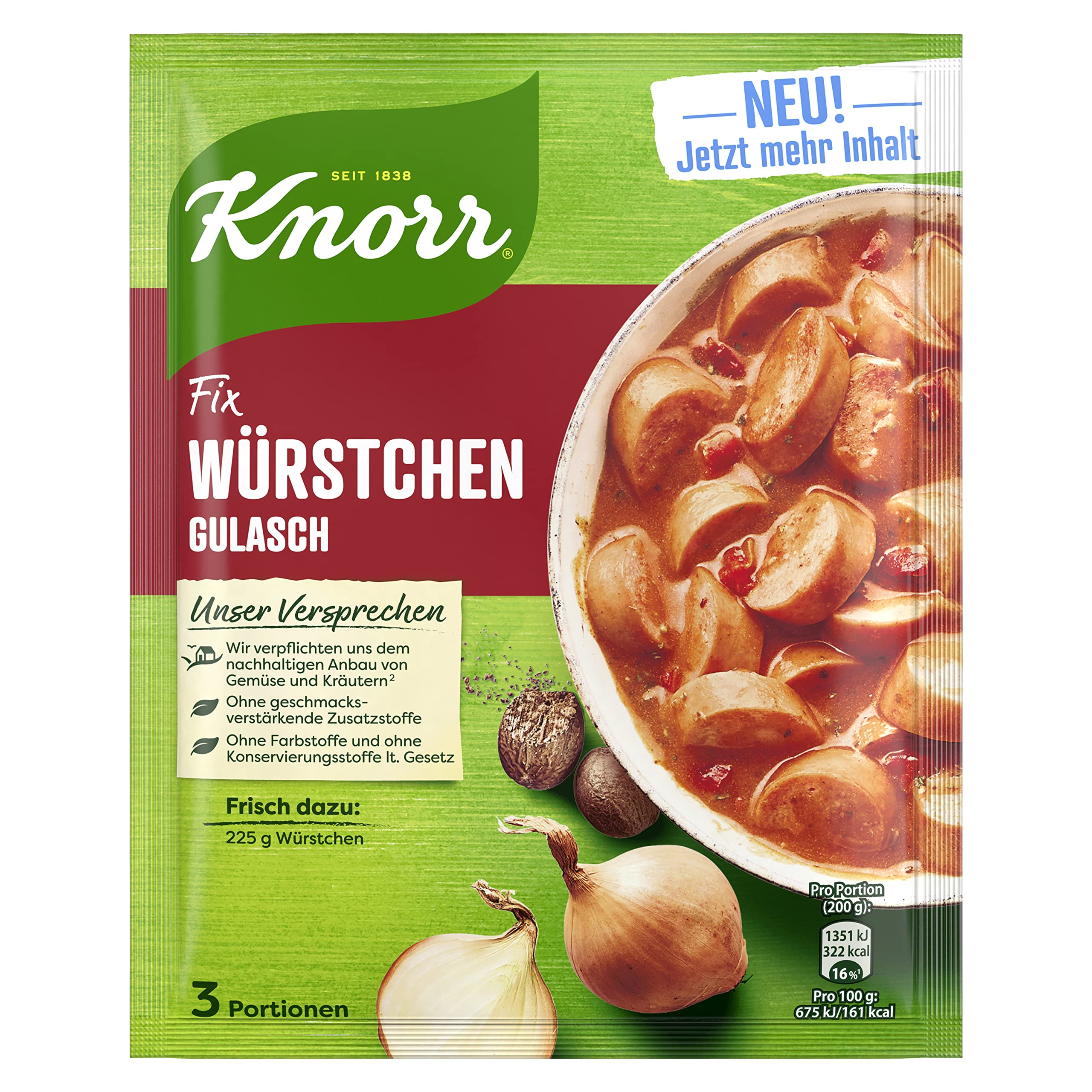 Knorr Fix Würstchen-Gulasch für ein leckeres Fleischgericht ohne geschmacksverstärkende Zusatzstoffe 3 Portionen