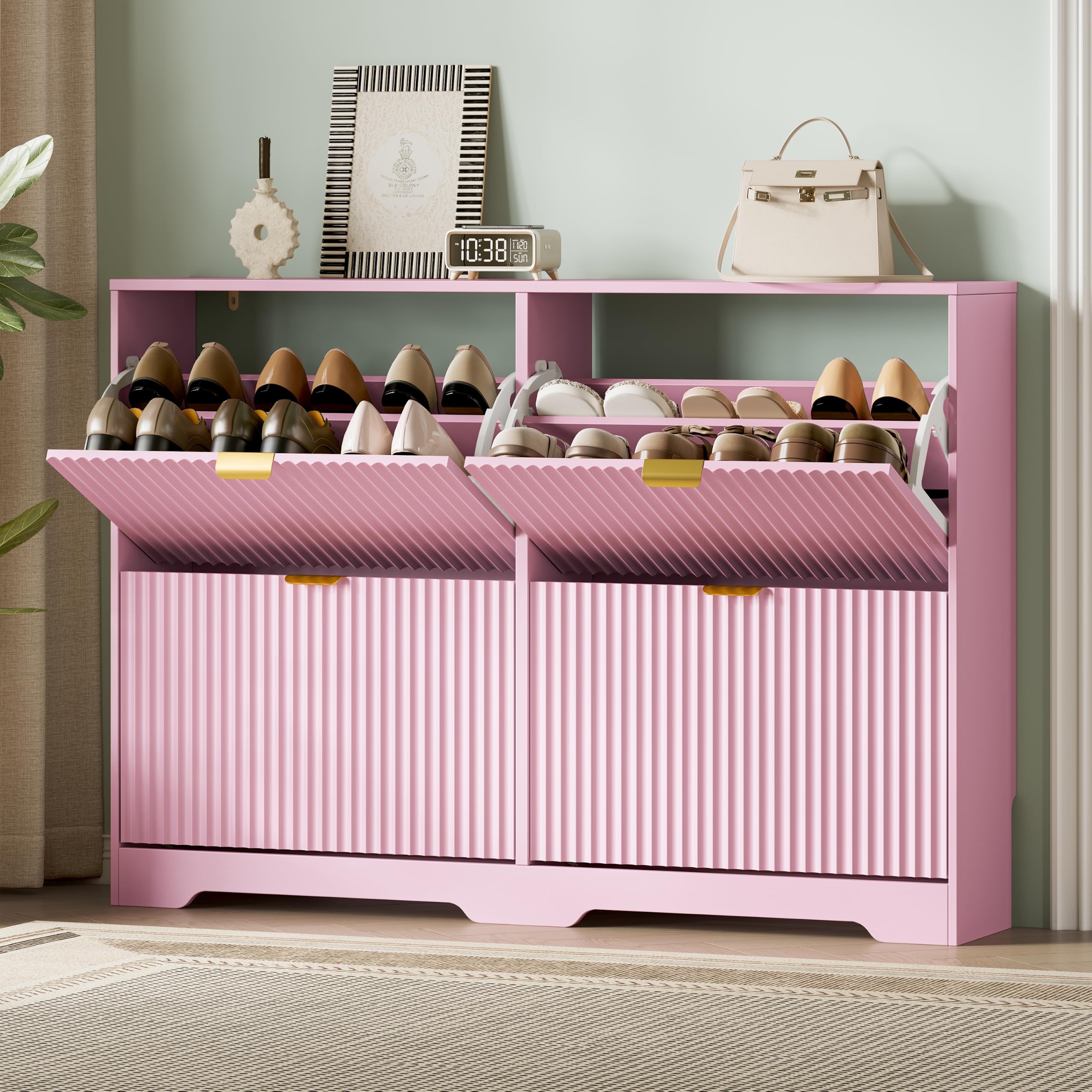 Xixini Shoe Storage Cabinet for Entryway with 4 Flip Drawers, Hidden Slim Wood Shoe Organizer with Modern Fluted Panel, Freestanding Narrow Shoe Rack for Front Door Entrance, Hallway, Foyer, Pink