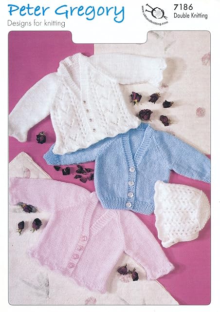 Peter Gregory Baby DK Double Knitting Pattern Long Sleeved Lace Style Cardigans & Bonnet (7186)