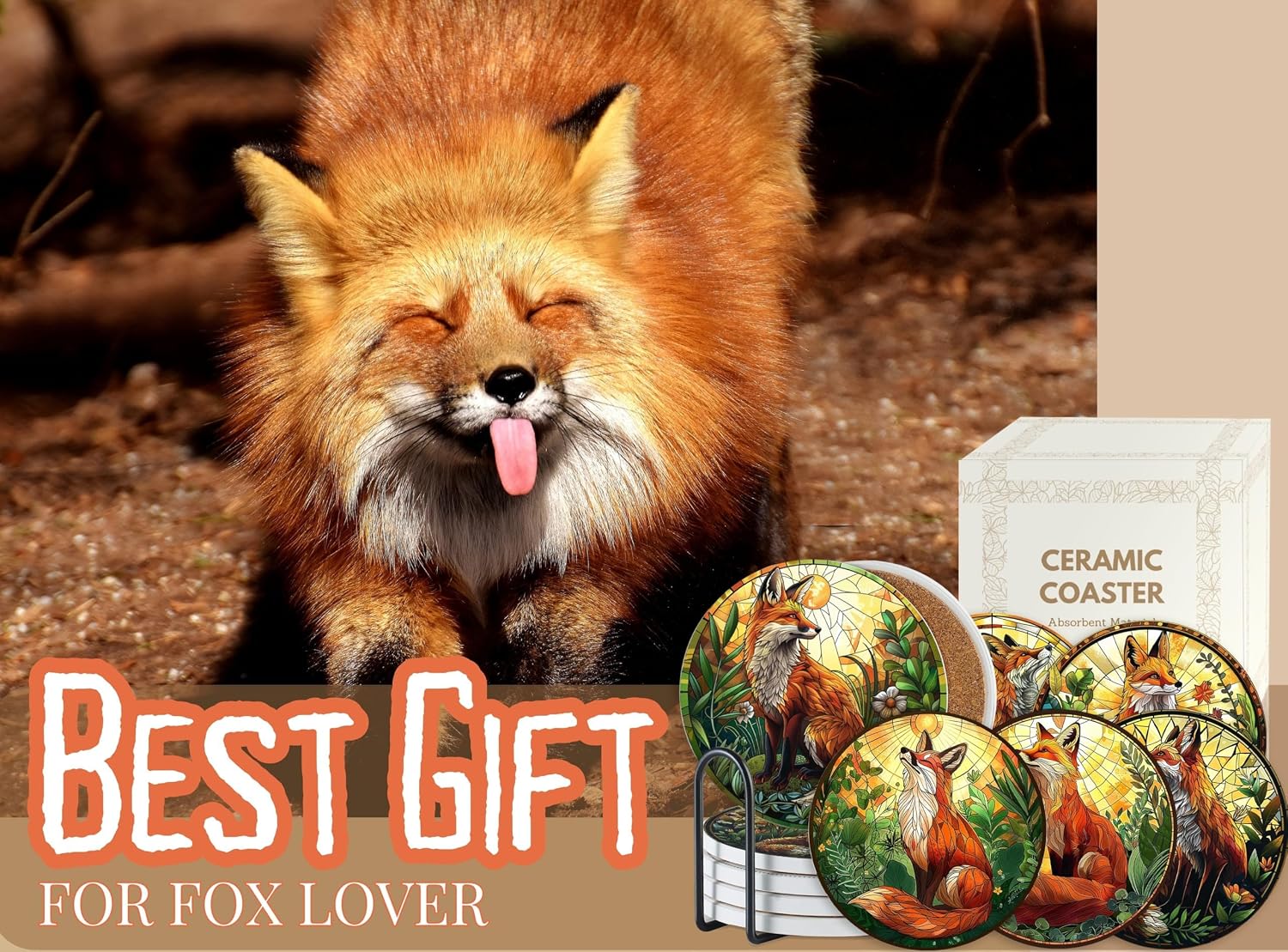 Fox Gifts, Fox Themed Ceramic Coaster for Fox Lover, Absorbent with Cork Base, Funny Gifts for Fox Nerd, Home Decor for Family, Housewarming, Thanksgiving