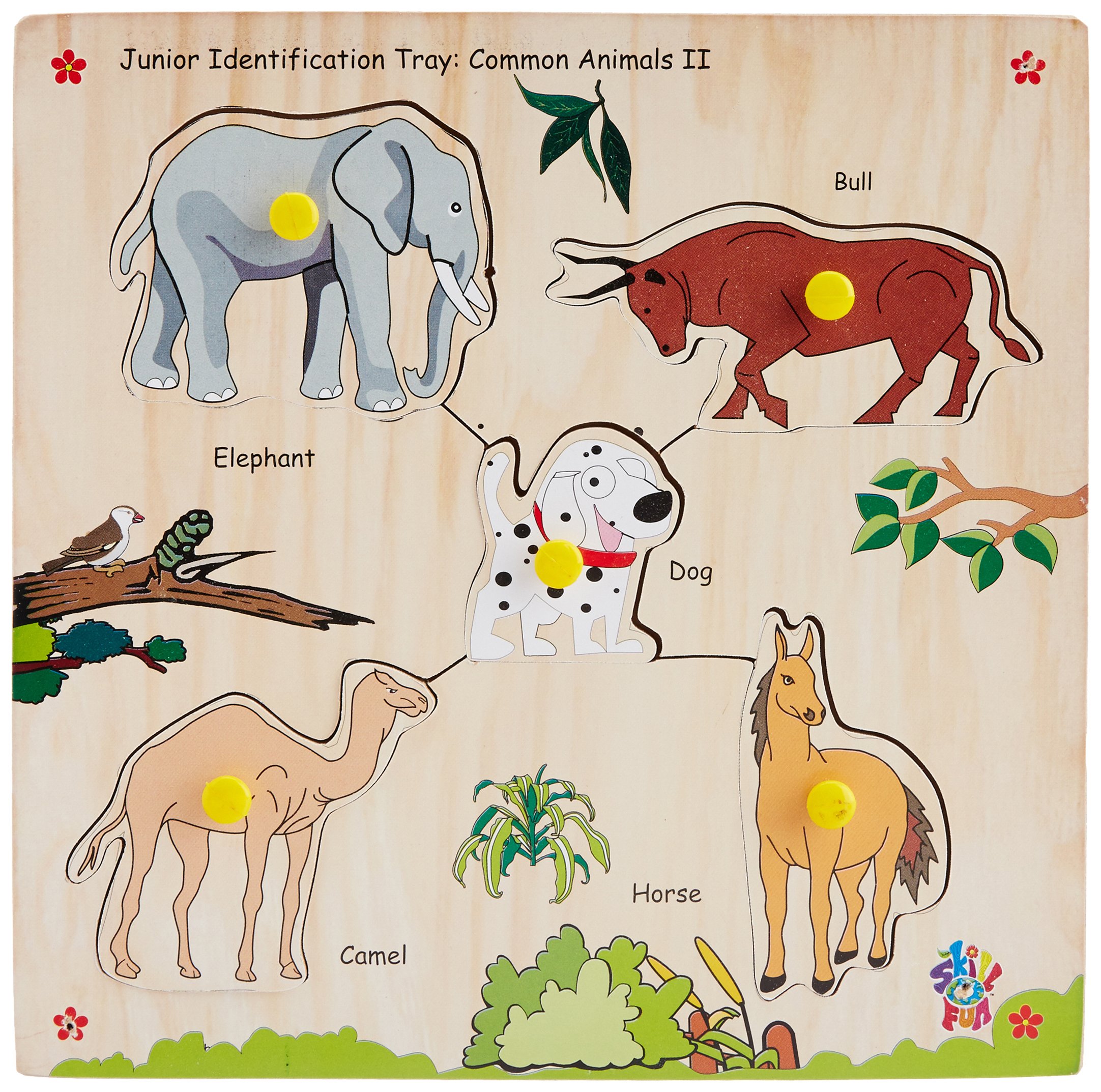 Skillofun Wooden Junior Identification Tray Common Animals II with Knobs for Kid, Multi Color