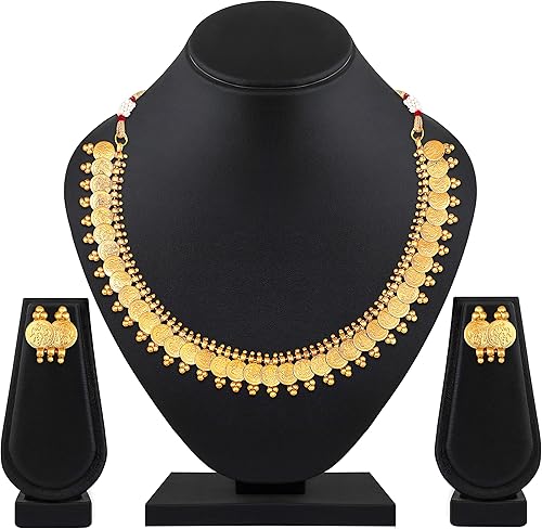 Miniatura 8 de Aheli Juego de collar y aretes de moneda laxmi india de tono dorado, estilo étnico del sur de la India, boda, fiesta, joyería de moda, regalo para