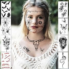 12 Sheets 90+ PCS Halloween Face Temporary Tattoos Stickers, Halloween Face Fake Tattoos Spider Bat Snake Skull Lion Tattoos Halloween Makeup Kit For Women Girls Halloween Masquerade Party