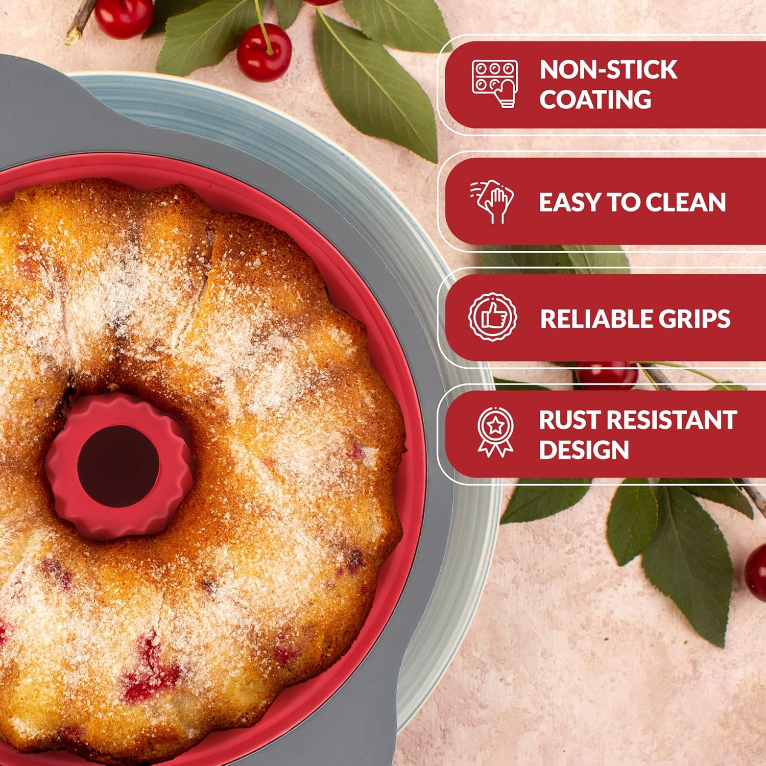 Boxiki Kitchen Master Baking Set: Non-Stick Silicone Fluted Pound Cake Pan with Steel Frame & Handles and 10 Inch Springform Pan with Leakproof Design and Silicone Handles