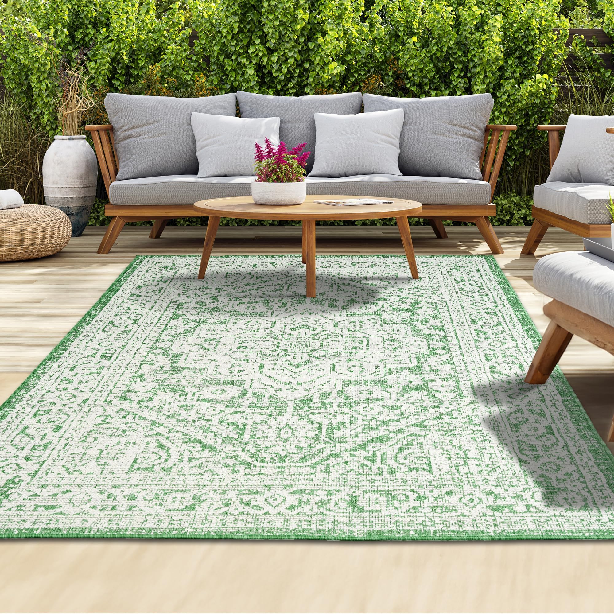 homeart Outdoor Rug - Easy-Clean, Durable, Stain-Resistant, Weather & UV Resistant Indoor & Outdoor Rugs for Porch, Deck, Balcony, Garden, Picnic and Patio | Medallion Green, Cream - 200x290cm