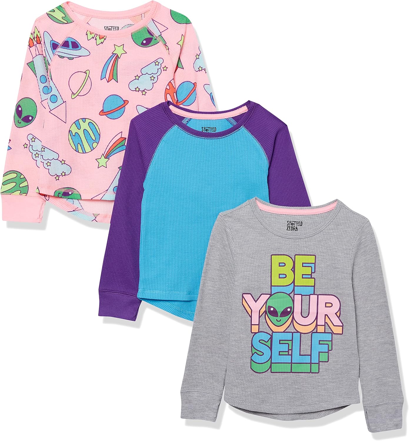 Size: L 10 Amazon Essentials Girls and Toddlers' Long-Sleeve Thermal T-Shirt Tops (Previously Spotted Zebra), Multipacks 3 Blue/Grey Text Print/Light Pink Aliens Print Large