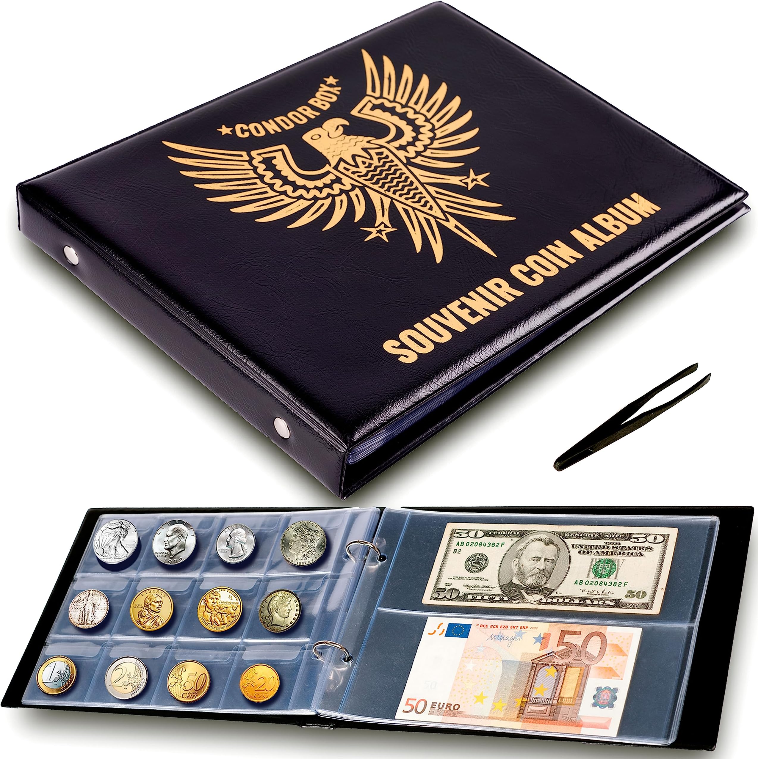 4in1 Coin Holder Album 180 Pockets - Paper Money Collection 10 Pockets - Large Storage Book for Collectors - Gold Silver Dollars Dollar Bill Currency Quarters Penny Foreign Coins - Black & Tweezers