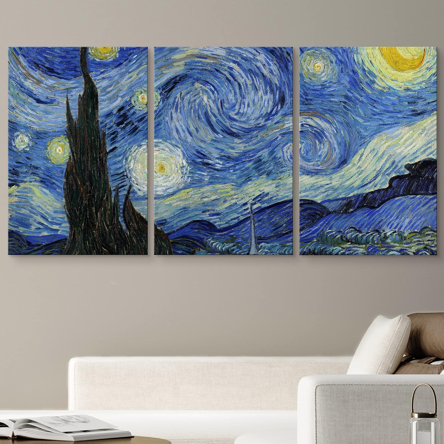 wall26 Canvas Print Wall Art Set Starry Night by Vincent Van Gogh Nature Wilderness Illustrations Fine Art Relax/Calm Multicolor for Living Room, Bedroom, Office - 16"x24" x 3 Panels