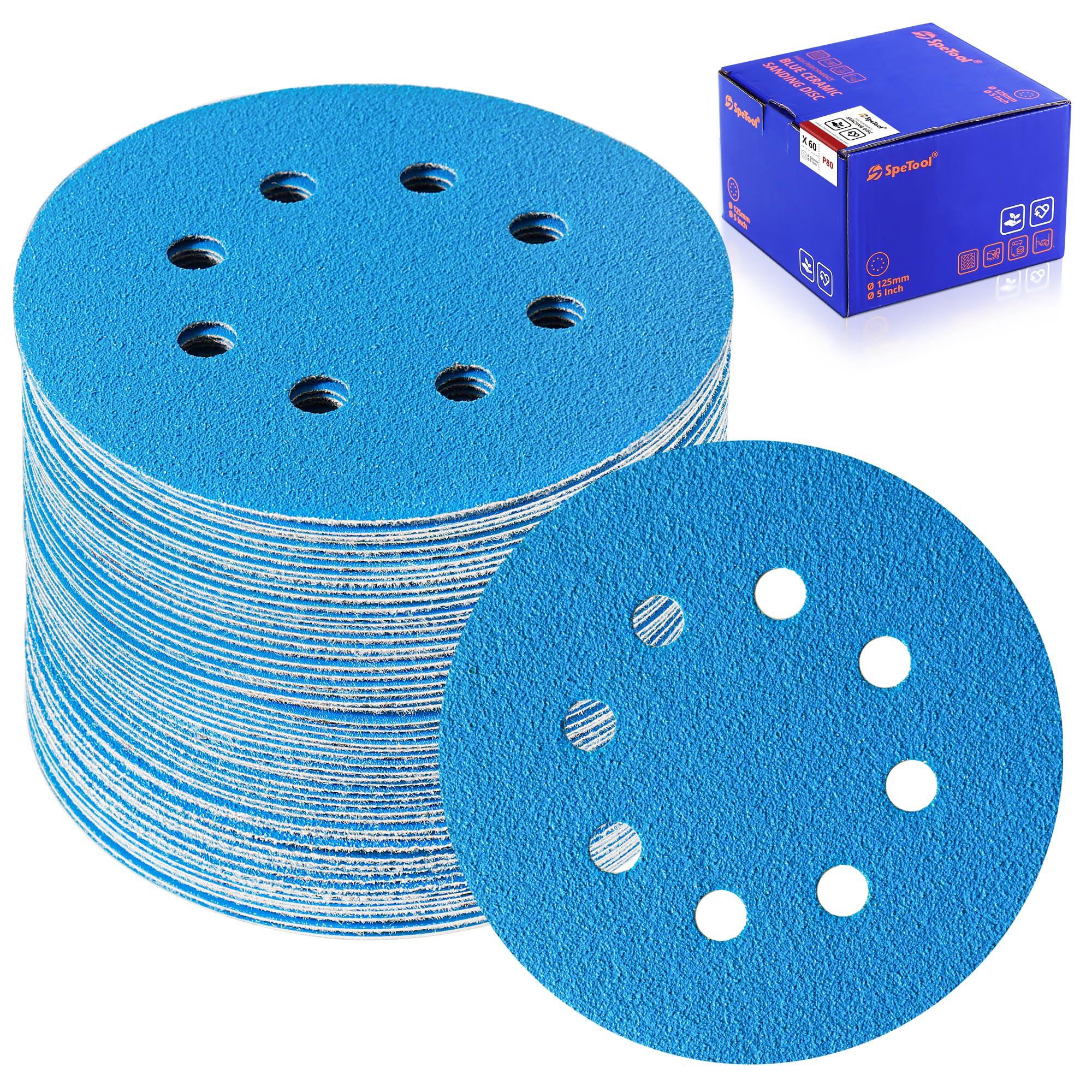 SpeTool Lot De 60 Disques Abrasifs 12,7 Cm à 8 Trous Avec 8 Trous, Grain 240, Disques Abrasifs Auto-agrippants Pour Ponceuse Orbitale Aléatoire, Papier Abrasif En Céramique De 12,7 Cm, Idéal Pour