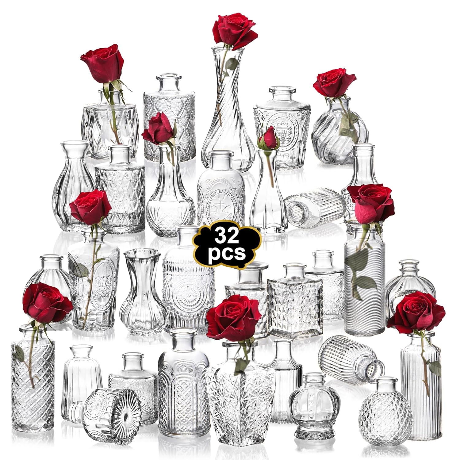 Clear Bud Vases Bulk 32,Small Flower Vases for Wedding,Glass Vintage Vase Set for Centerpieces,Recepetion,Home Clear 32PCS