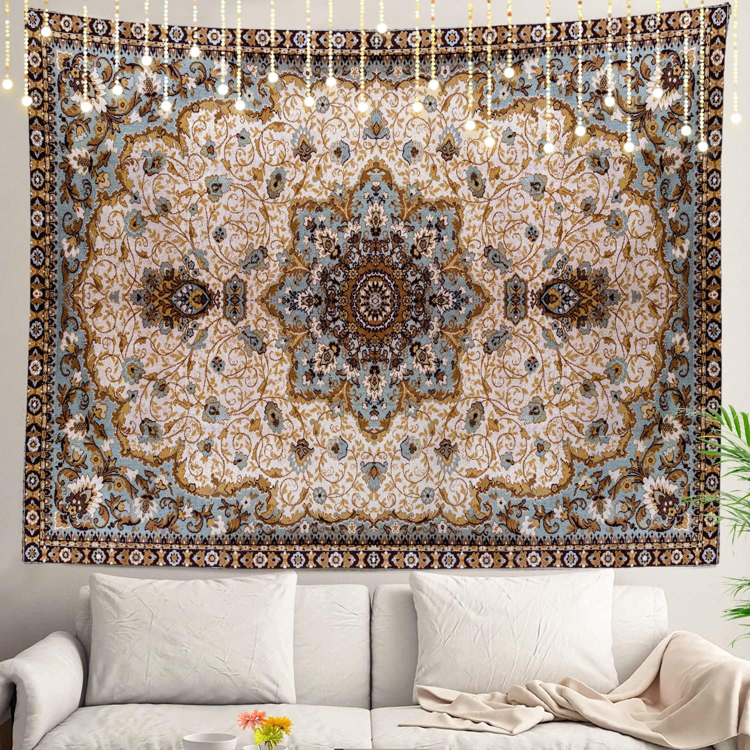 Shrahala Round Mandala Blue Grey Tapestry, Eastern Oriental Tradition Textile Pattern Wall Hanging, Psychedelic Decorations for Bedroom and Living Room (51.2 x 59.1 Inches, Blue 4)
