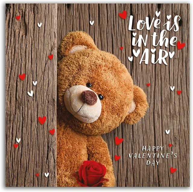 The Heritage Press Valentine's Day Card 'Love is in the Air'- Cute Valentine Card with Teddy Bear - Printed with Vegetable Inks, Made in UK