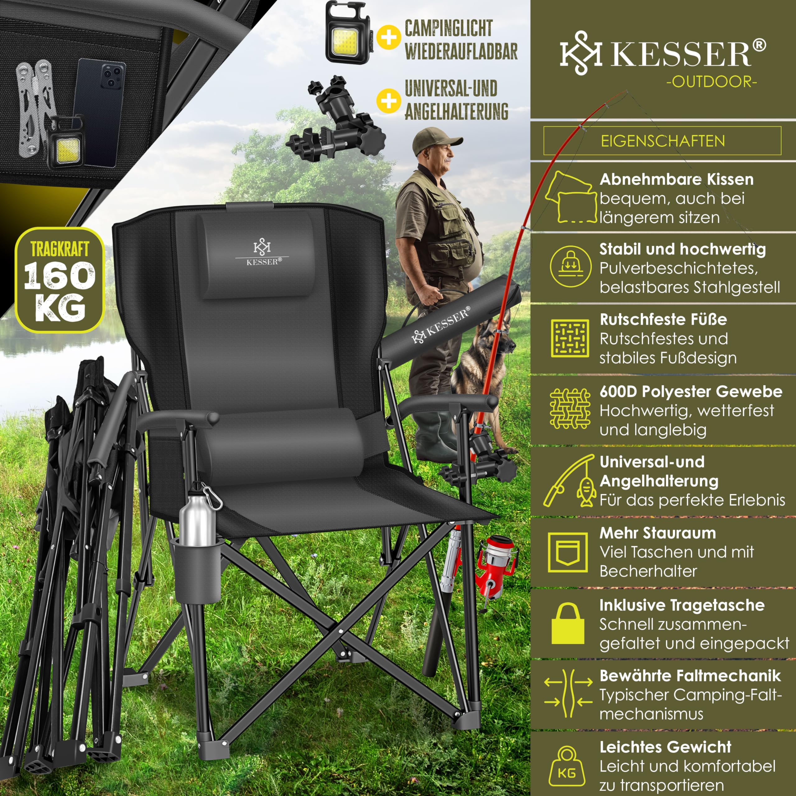KESSER® Campingstuhl faltbar bis 160 kg | Angelstuhl Faltstuhl Klappstuhl Gepolstert mit Armlehnen | Campinglicht und Getränkehalter + Tasche mit hoher Rückenlehne