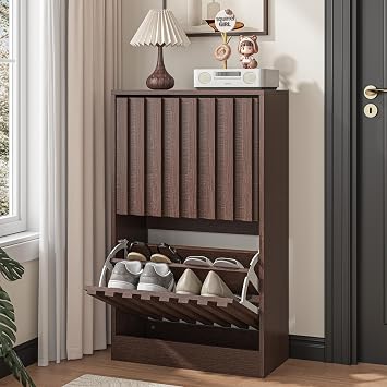 UEV Slim Wooden Shoe Storage Cabinet with 2 Flip Drawers, Modern Narrow Shoe Storage Unit with Ventilated Design, Space-Saving Entryway Shoe Rack, Walnut