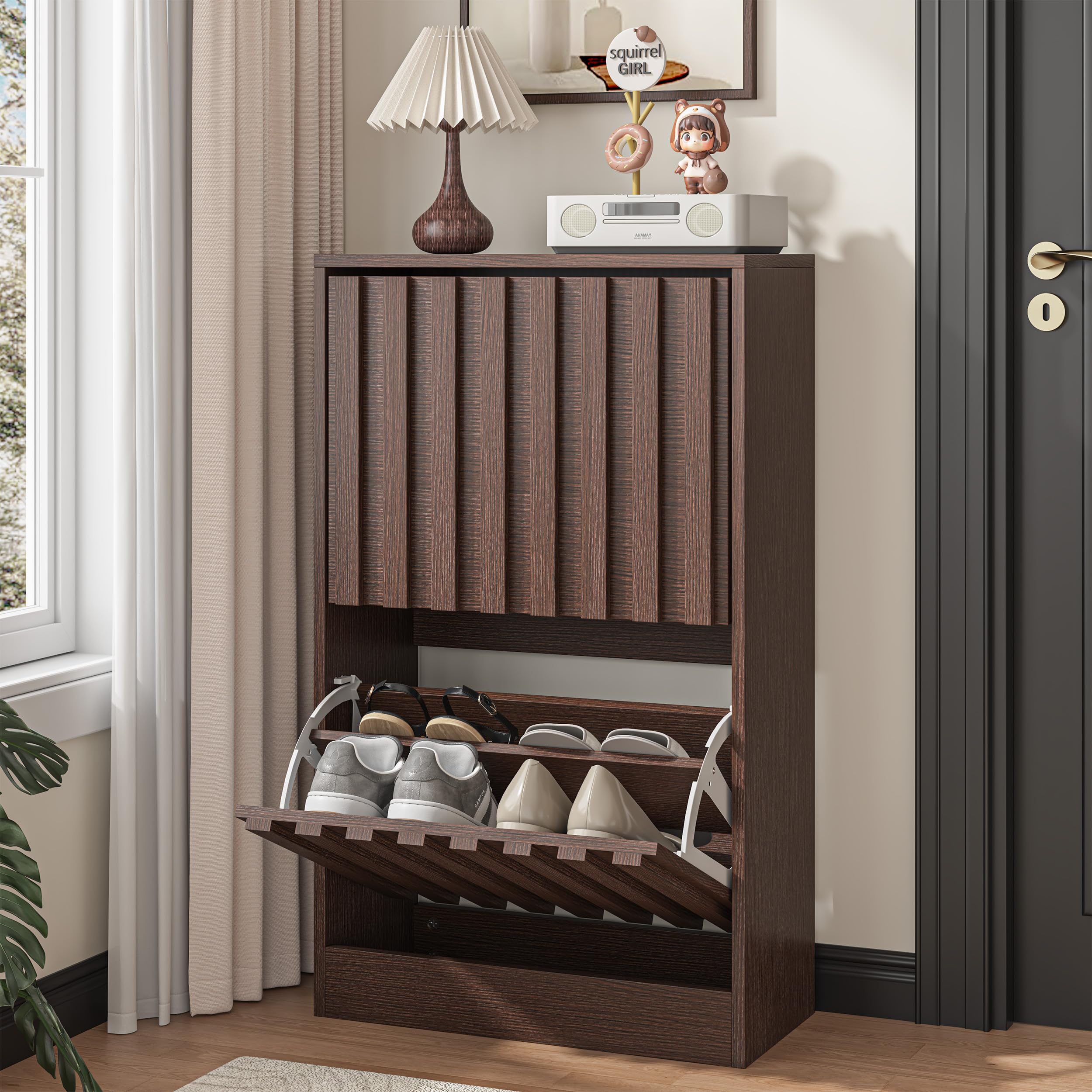 UEV Slim Wooden Shoe Storage Cabinet with 2 Flip Drawers, Modern Narrow Shoe Storage Unit with Ventilated Design, Space-Saving Entryway Shoe Rack, Walnut