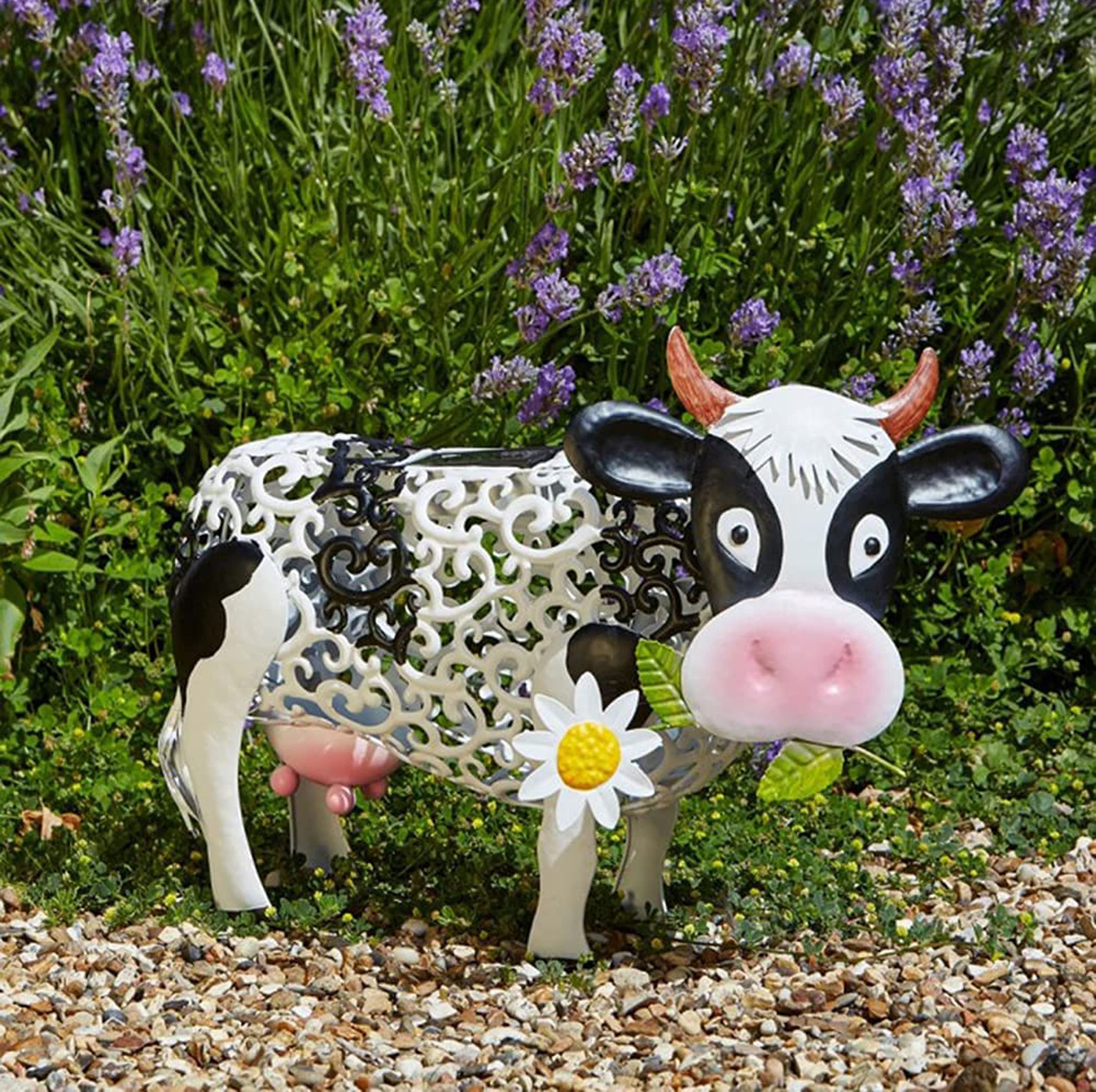 Daisy Cow Garden Statue with Solar Lamp Floral Hollow Out Dairy Cow Shaped Resin Artware Waterproof Outdoor Garden Lawn Stakes Yard Art Garden Decor Ornament (White, 6.5*5.71*3.54inch)