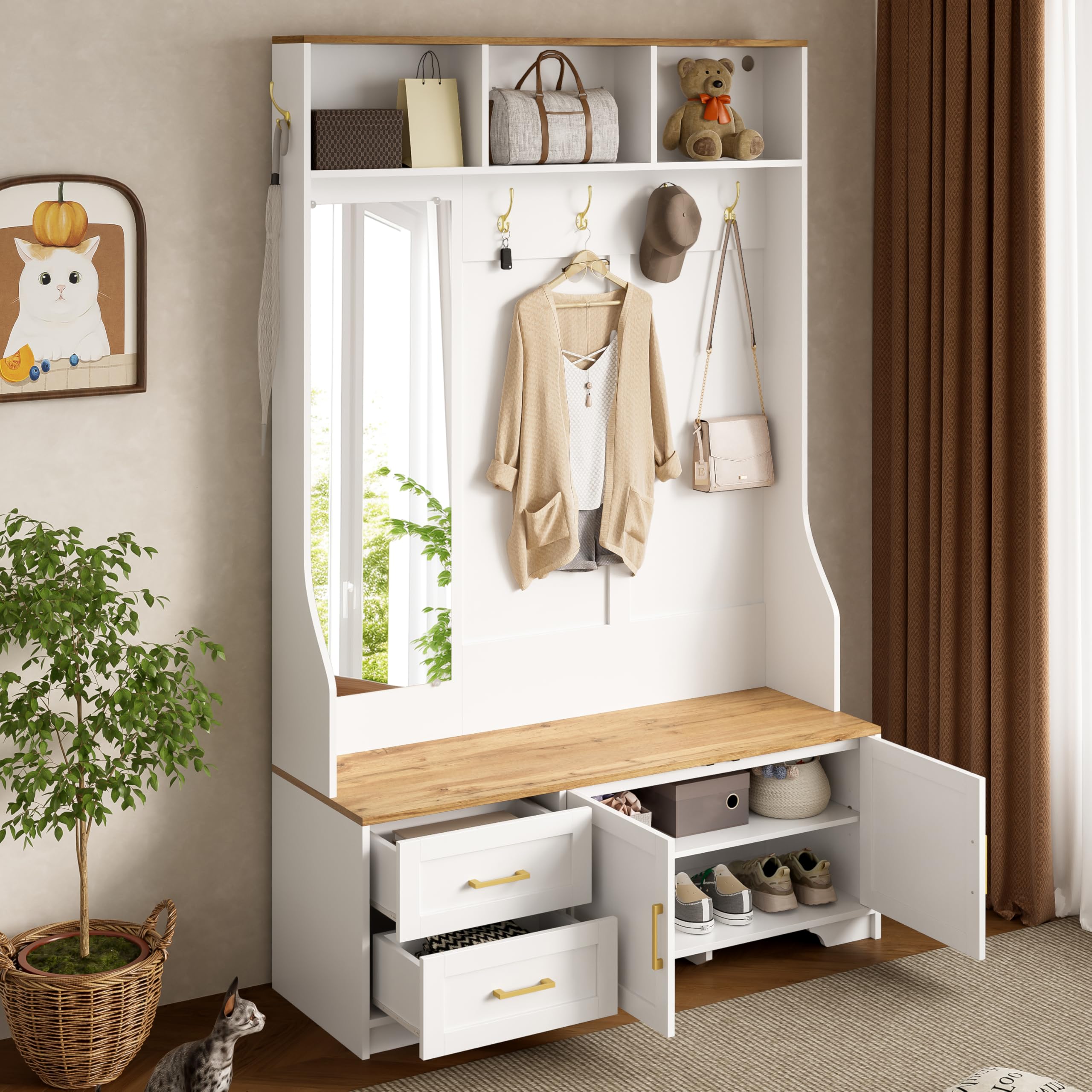 Garderobenset Wandgarderobe mit LED Beleuchtung, Garderoben Set mit Spiegel und Schuhbank, Garderobenständer mit Kleiderhaken & Schubladen, Modern Weiß Flurgarderobe mit Sitzfläche, 120x40x187