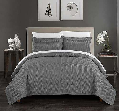 Chic Home Weaverland - Juego de funda de 3 piezas geométrica acolchada con cheurón, fundas de almohada decorativas incluidas, Queen, gris carbón