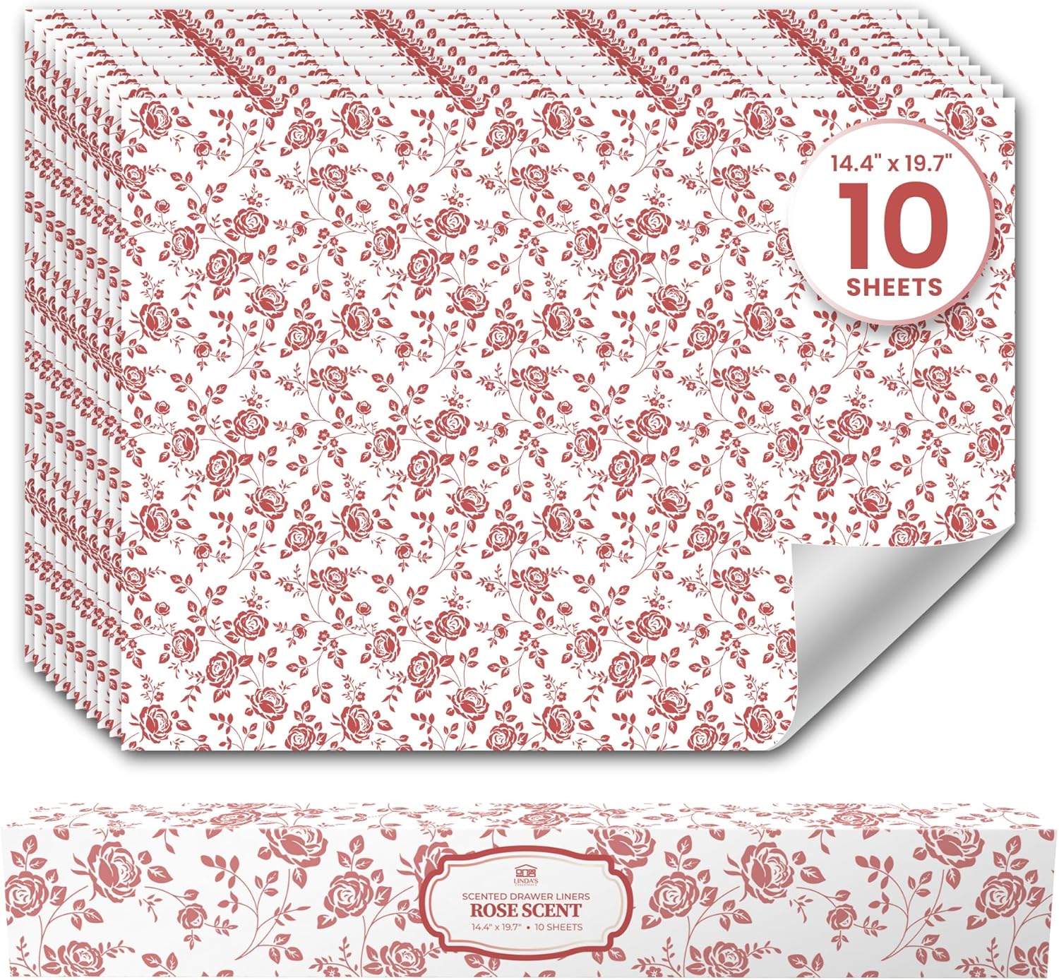 Rose Scented Drawer Liners for Dresser Drawers (10 Large Sheets, 19.7" x 14.4") - Non Adhesive Drawer Paper Liner for Bedroom Dresser & Closet Shelves by Linda’s Essentials