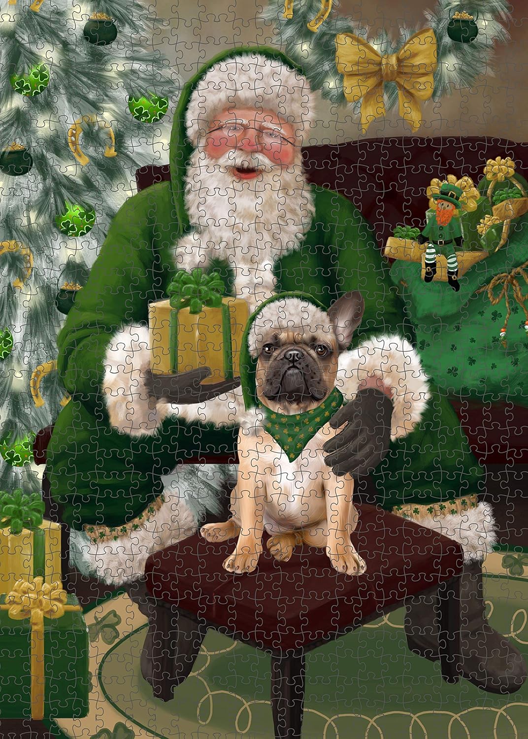 Christmas Irish Santa with Gift and French Bulldog Jigsaw Puzzle for Adults - Animal Printed Interlocking Puzzle Game Artwork - Gift for Dog Lover's- 500 Pcs 14"x20", PZLE60077