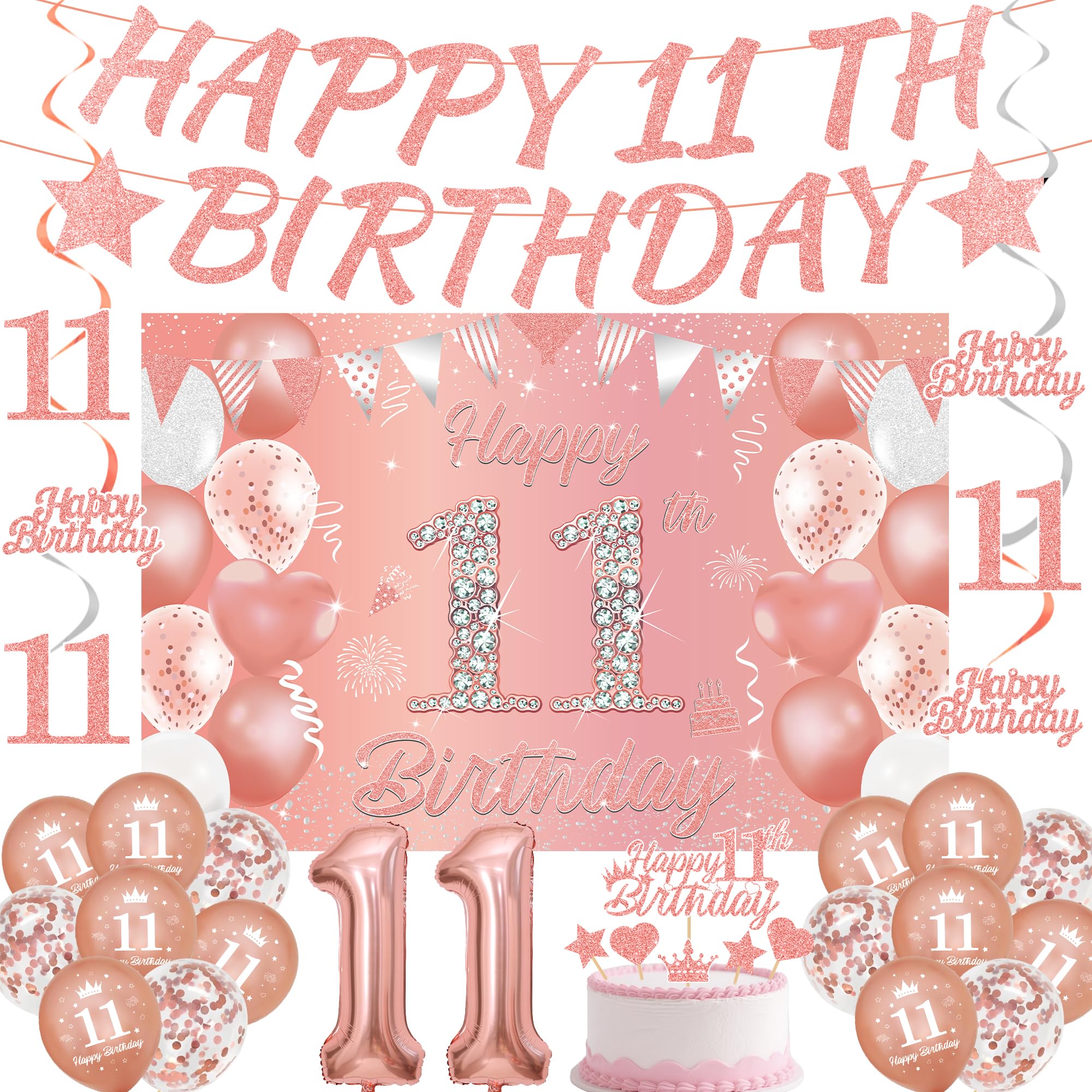 11th Birthday Decorations Balloon Girl - 33 Pcs Rose Gold Glitter Banner Hanging Swirls Backdrop Cake Topper Number Foil Balloons for Girls 11 Years Old Birthday Party Decor Supplies โ image 1