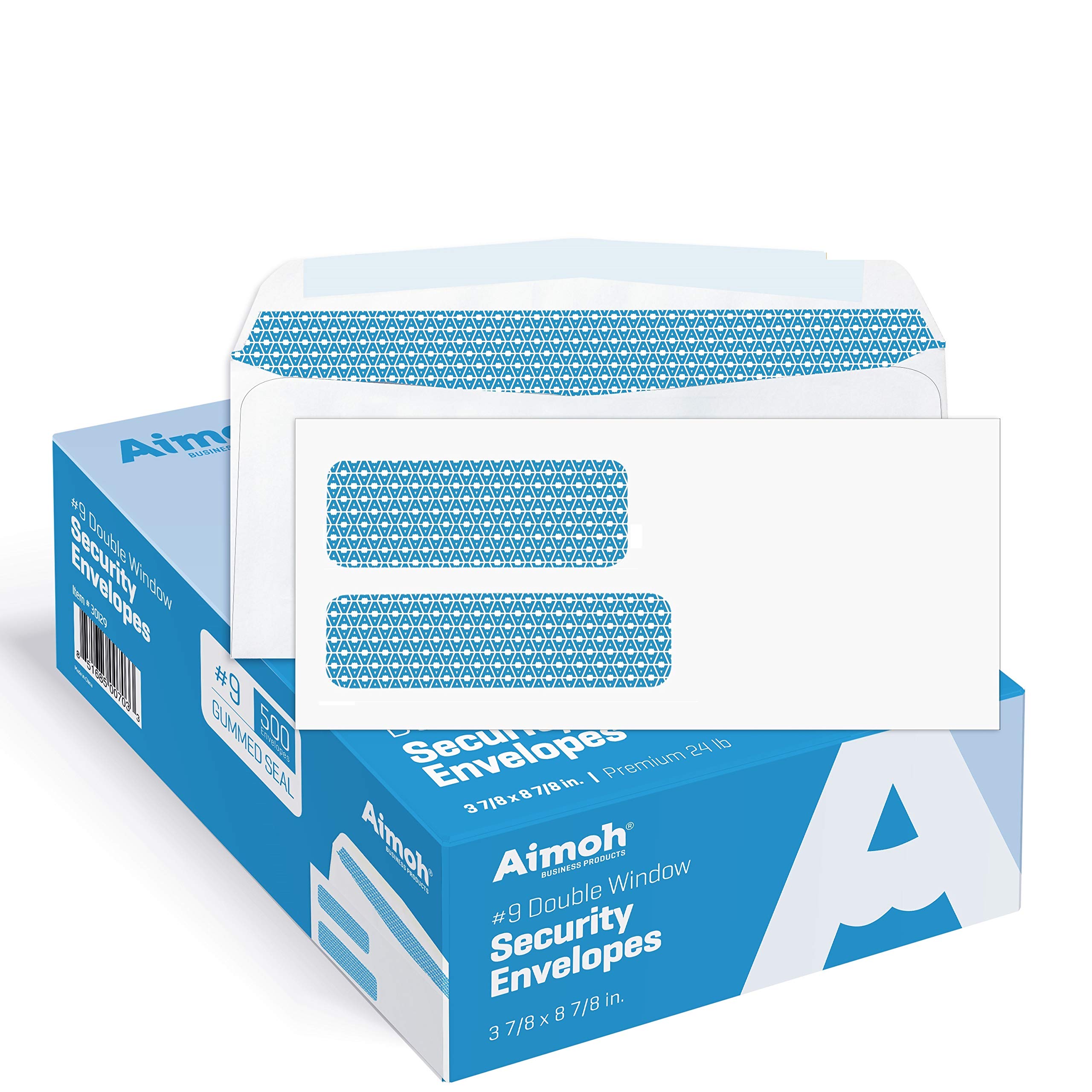 Aimoh #9 Double Window Security Business Mailing Envelopes for Invoices, Statements and Legal Documents - GUMMED Closure, Security Tinted - Size 3-7/8