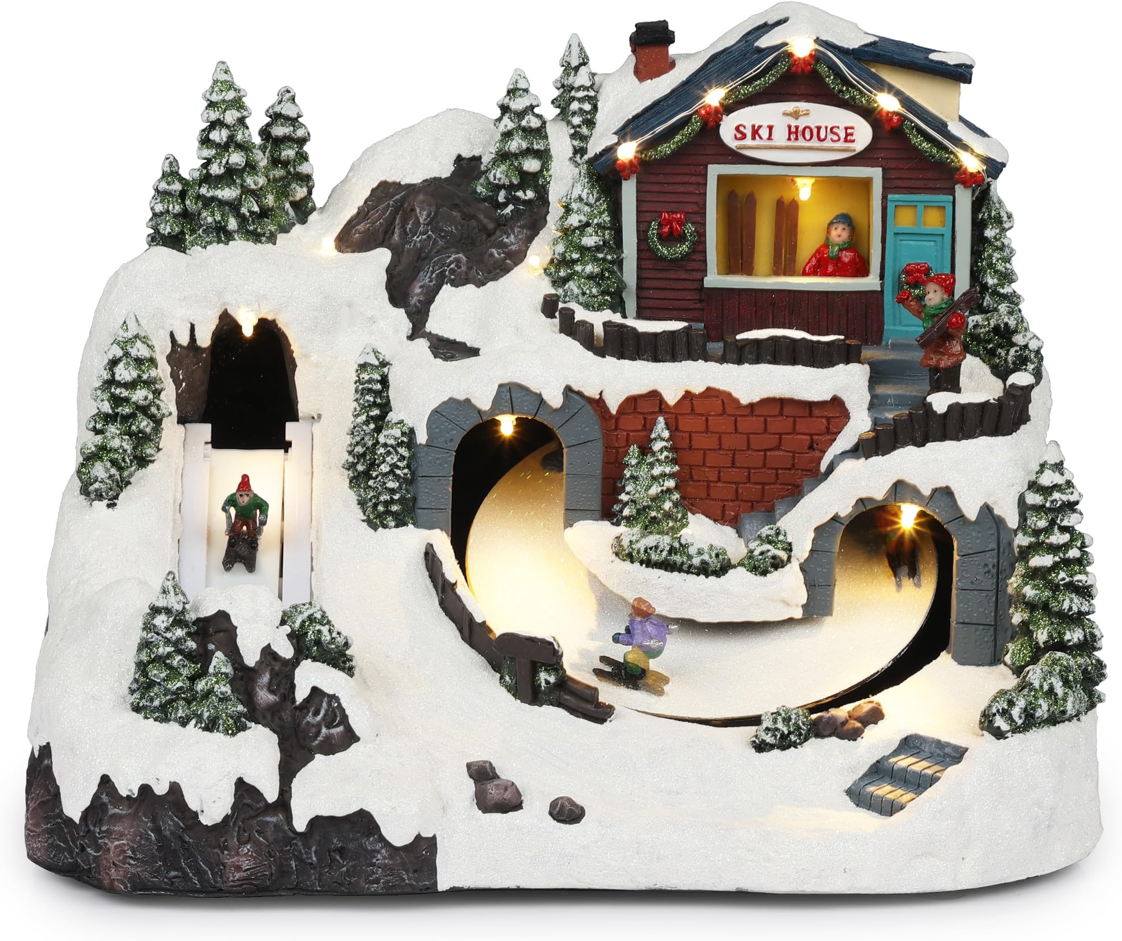 Alpine Corporation 9" Tall Indoor Animated Christmas Ski Resort Holiday with Moving Skier Figurines and White LED Lights, Tabletop Christmas Decoration