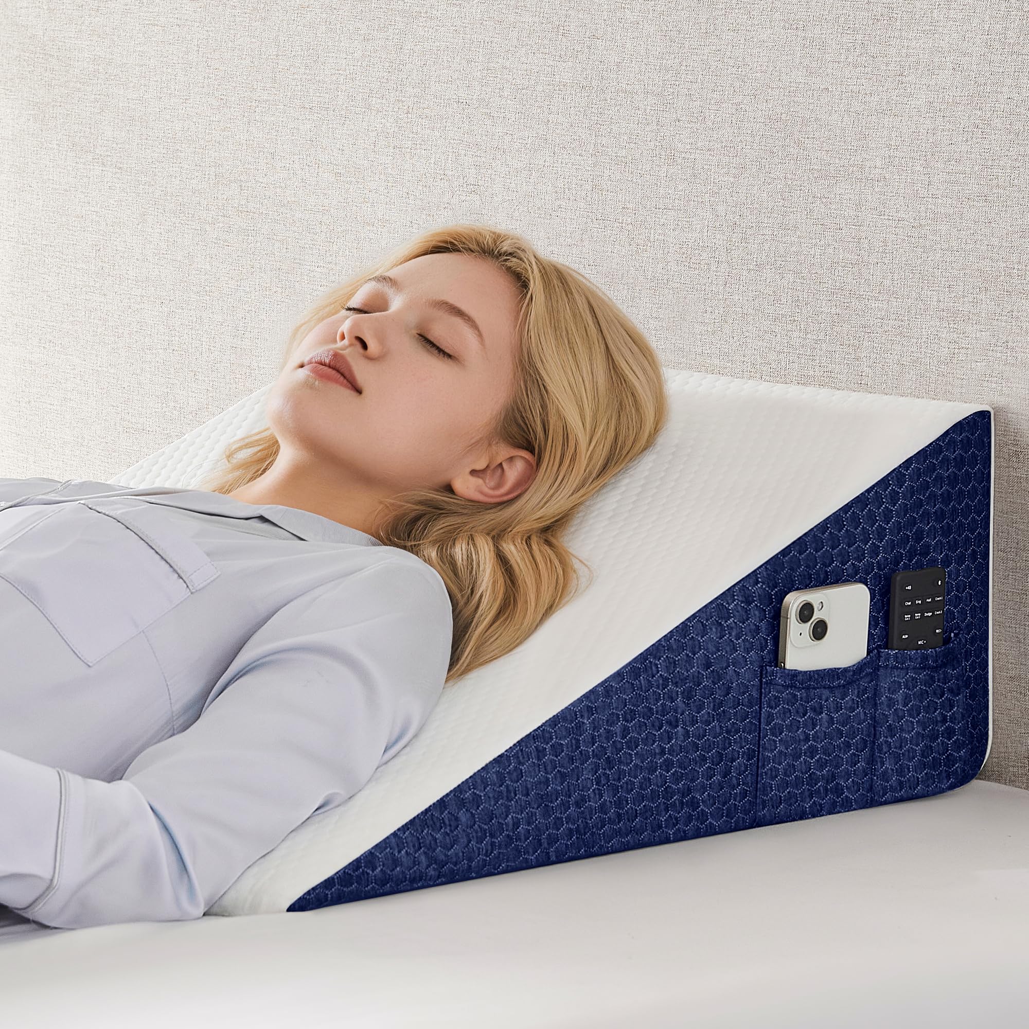 Yojoker Wedge Pillow for Sleeping - 7.5 Inch Bed Wedge Pillow for Headboard, High Density Foam Triangle Pillow for Elevated Sleeping, Snoring, Post Surgery Support, Back &amp; Leg Elevation, Navy
