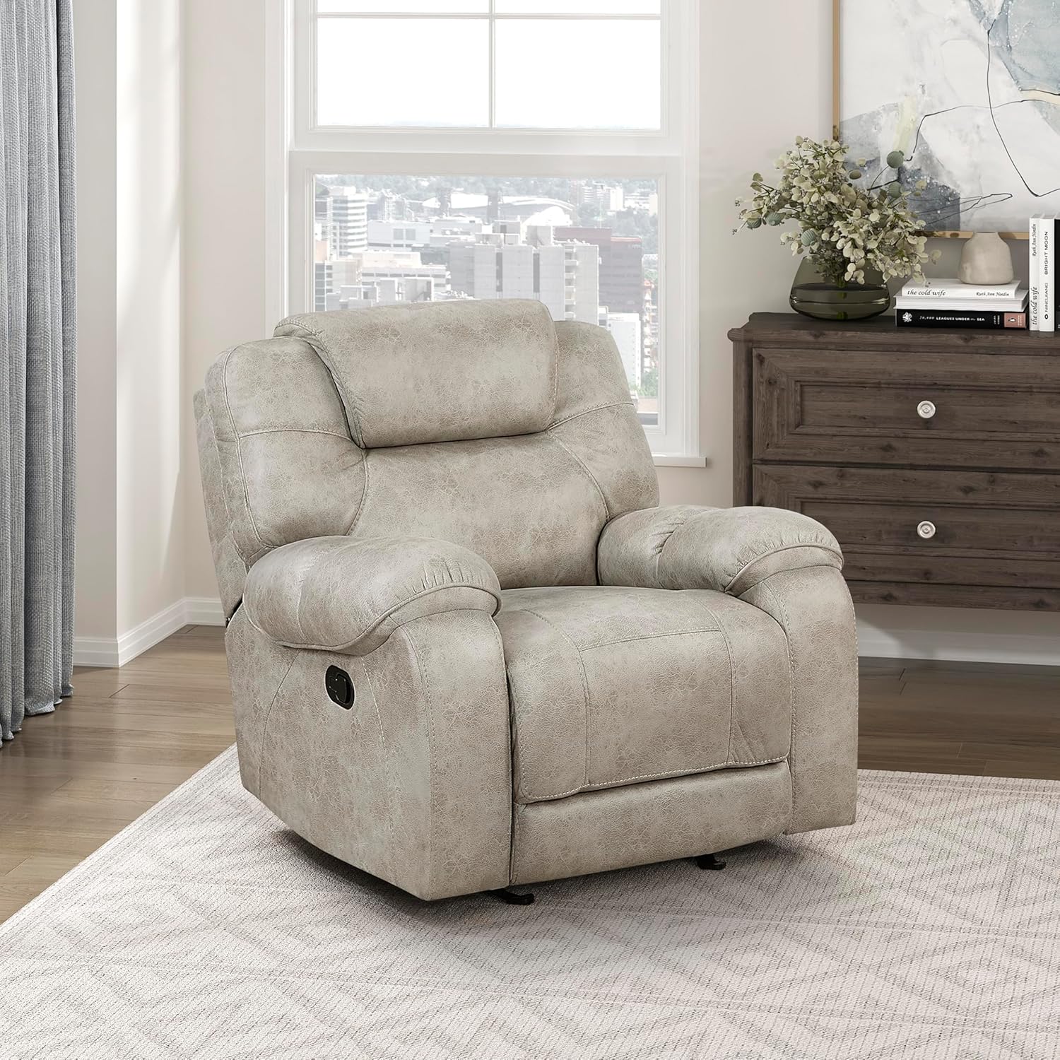 Lexicon Manual Glider Recliner Chair, Polished Microfiber Upholstered Manual Tab Pull Reclining Nursery Chair for Living Room, Pillow Top Armrest, Padded Headrest, Easy Assembly, Pewter