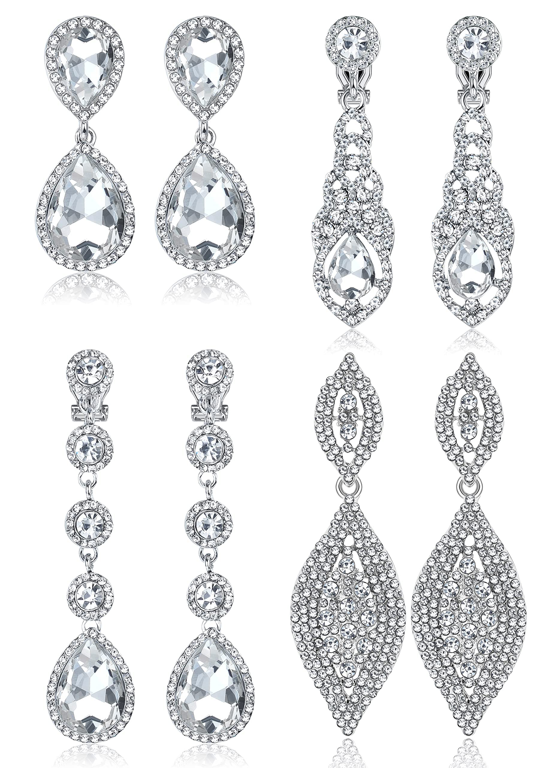 Diamday 4 Pares Pendientes Clip para Mujer, Pendientes Boda Cristal de Diamantes de ImitacióN para Novia, Pendientes Colgantes Con Forma De LáGrima, Pendientes No Perforados Para GraduacióN