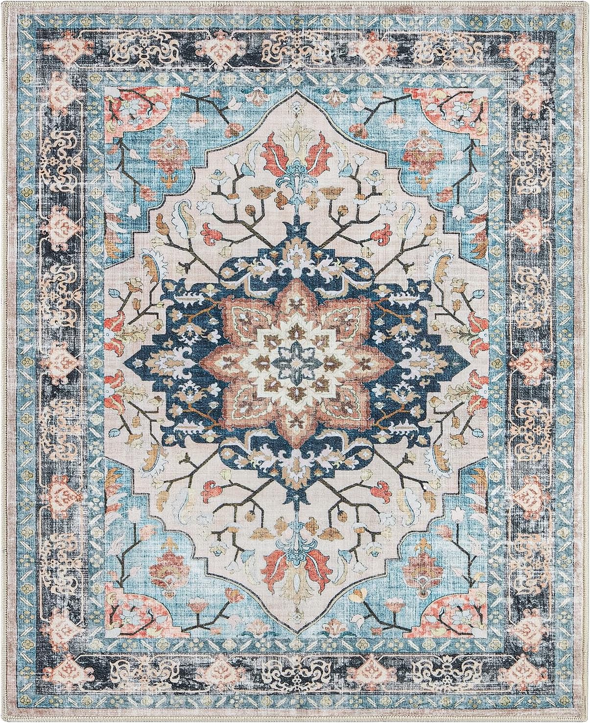 Washable Blue Non Skid 8x10 Low Pile Vintage Boho Floral Big Area Rugs for Bedroom, Kitchen, Dorm Room, Playroom, Office, Living Room