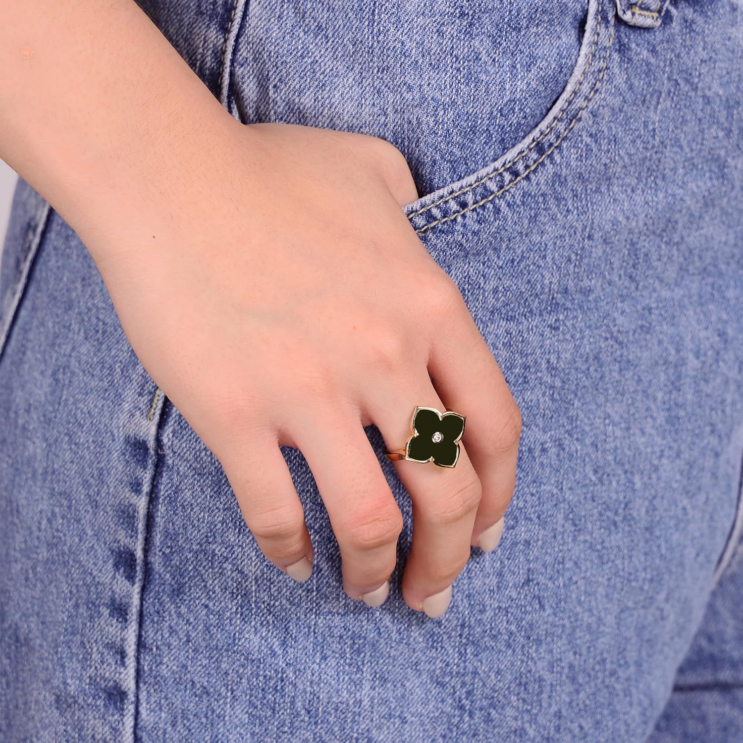 Lavari Jewelers Black Onyx or Mother of Pearl and Cubic Zirconia Flower Ring for Women in 925 Sterling Silver with Gold Plating Anniversary Size 6 to 8 - Image 2