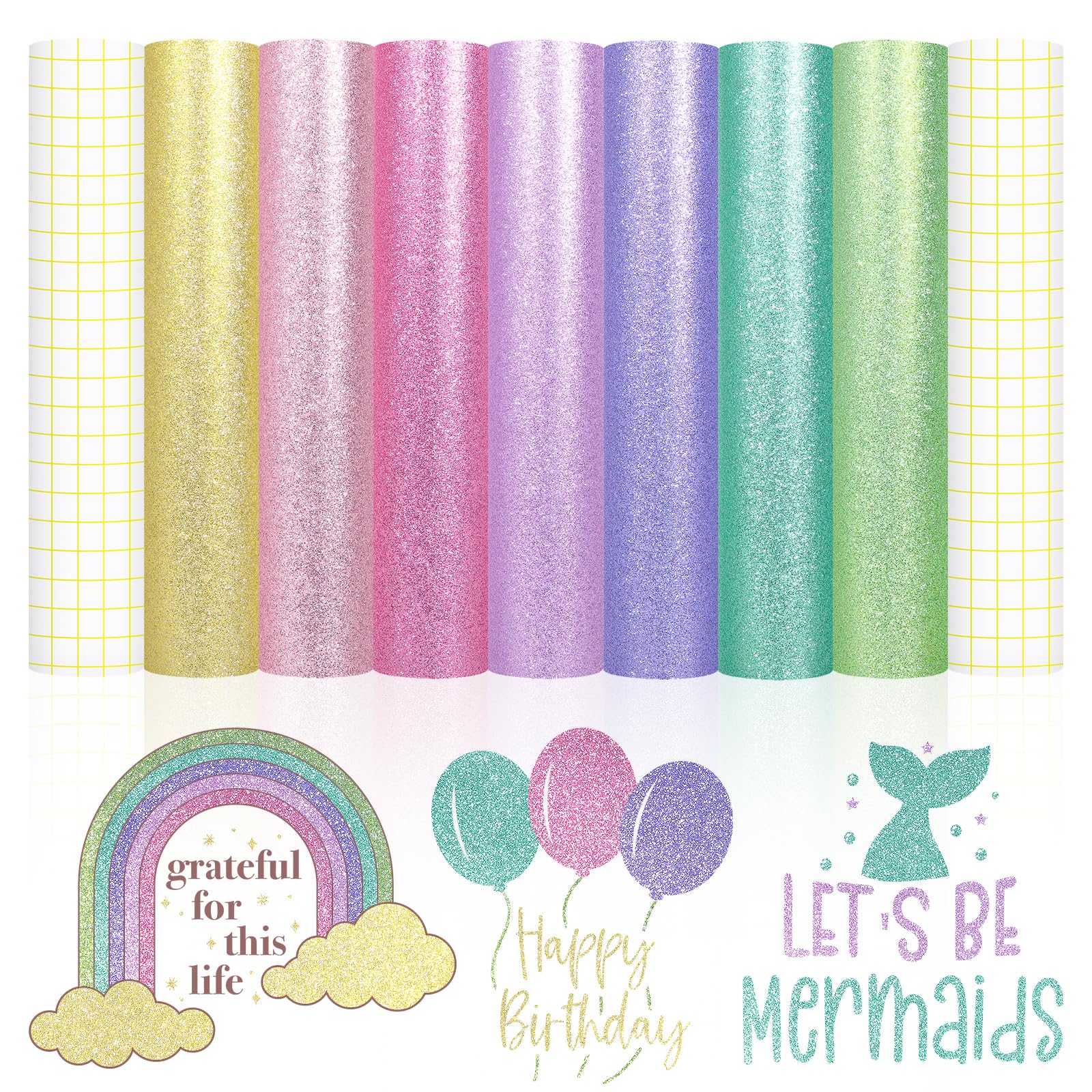VINYL FROG Pastel Permanent Vinyl Bundle - Glitter Adhesive Vinyl Sheets, 7 Assorted Colors, Shimmer Sparkle Craft Vinyl for DIY Home Decor, Mug, Window, Ceramics Decal with 2 Transfer Tape