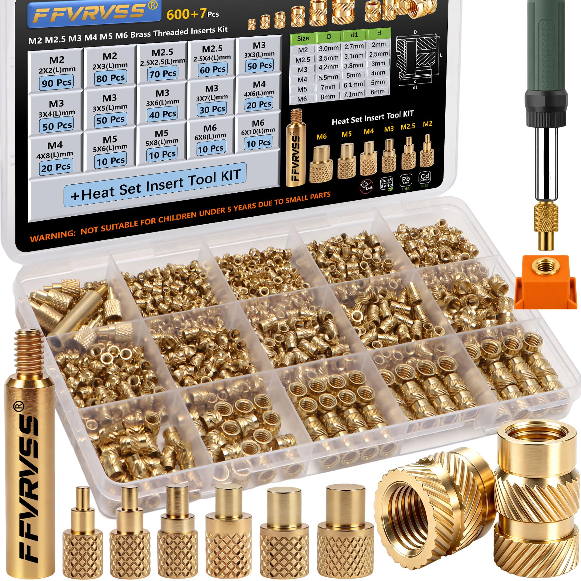 600+7Pcs M2 M2.5 M3 M4 M5 M6 Premium Brass Threaded Inserts, Metric Brass Knurled Nuts Assortment Kit, with Heat Set Insert Tool, for Plastic and 3D Printing Components, All-in-one Solutions-picture-27