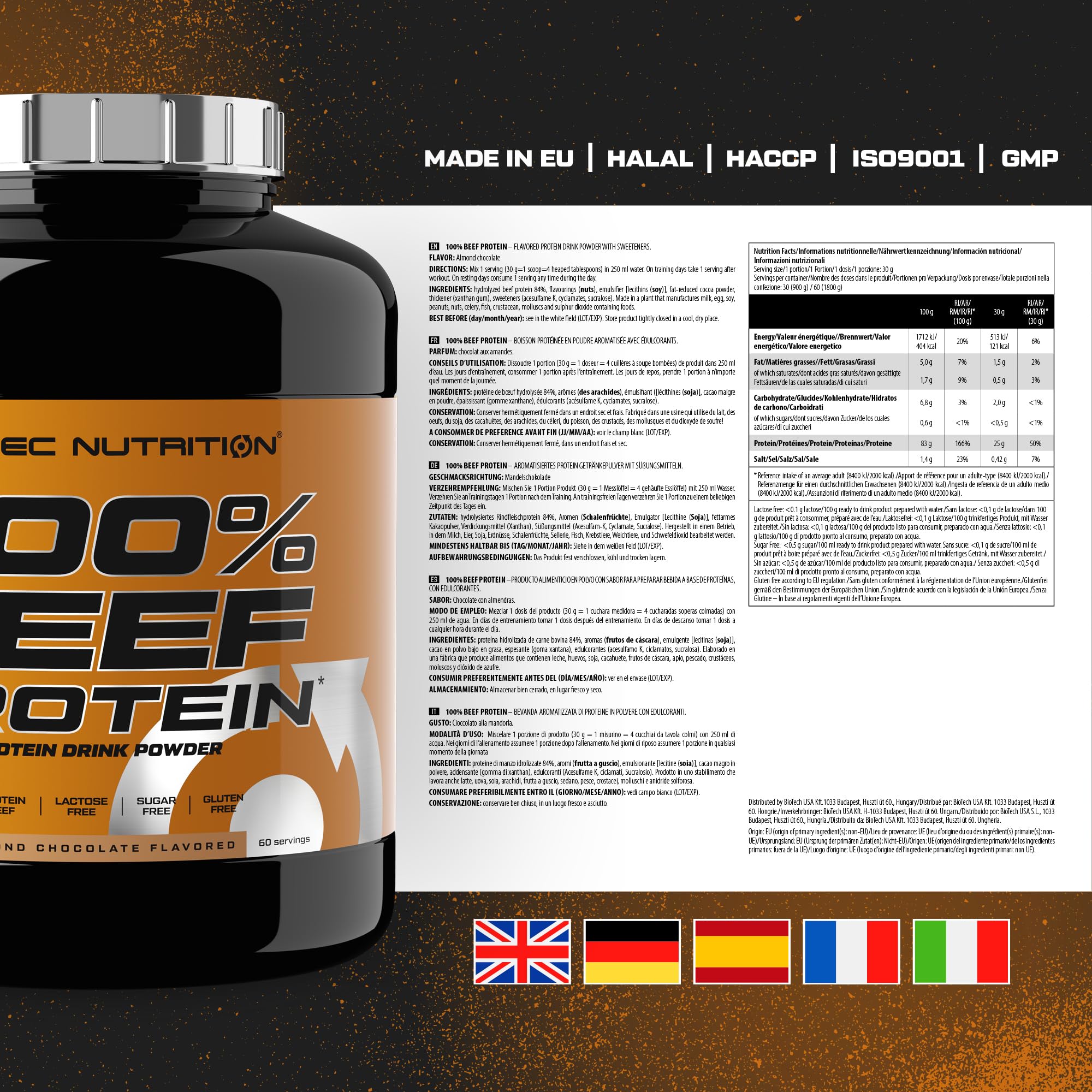 Scitec Nutrition 100% Beef Protein - Bevanda aromatizzata di proteine in polvere - Senza lattosio, Senza zucchero, Senza glutine, 1,8 kg, Cioccolato alla mandorla