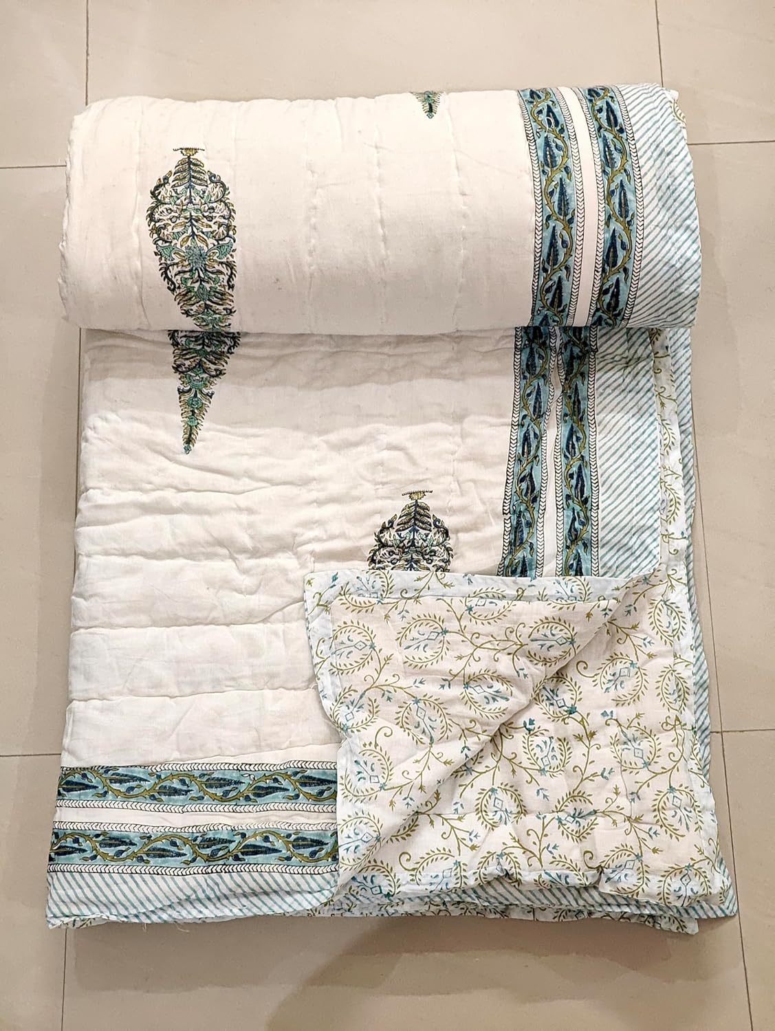 Handmade Jaipuri Cotton Quilt, Hand Block Printed Paisley Design – Soft Cotton Filled and Hand-Stitched with Love, Reversible Lightweight Bedding (Blue & Green)