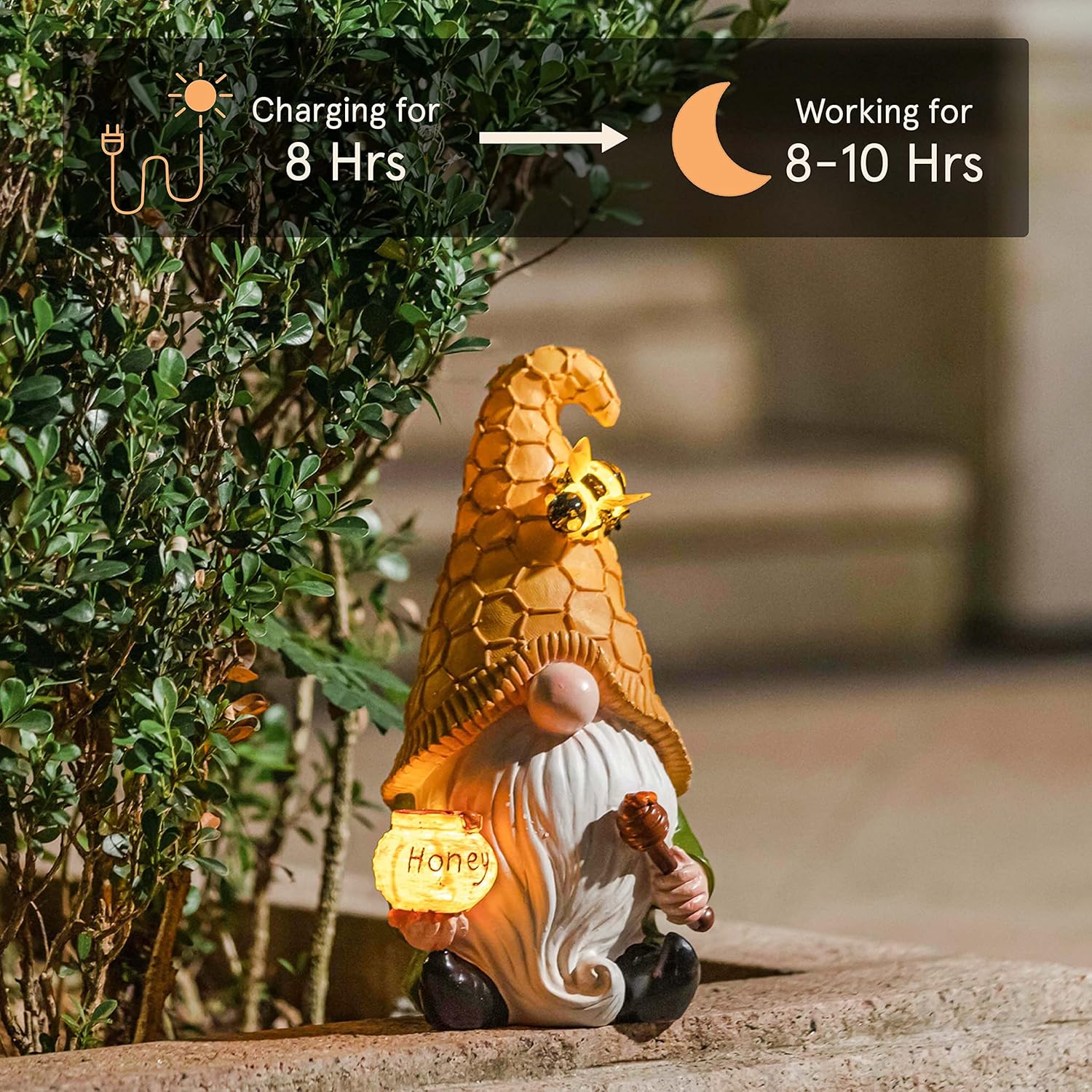 LA Jolie Muse 11.3'' Solar Gnomes Garden Statues-Resin Bee Garden Gnomes Figurine Holding Honey Jar with Solar Lights, Outdoor Gnomes Decorations for Yard Patio Lawn Porch, Garden Gifts for Mom - Image 5