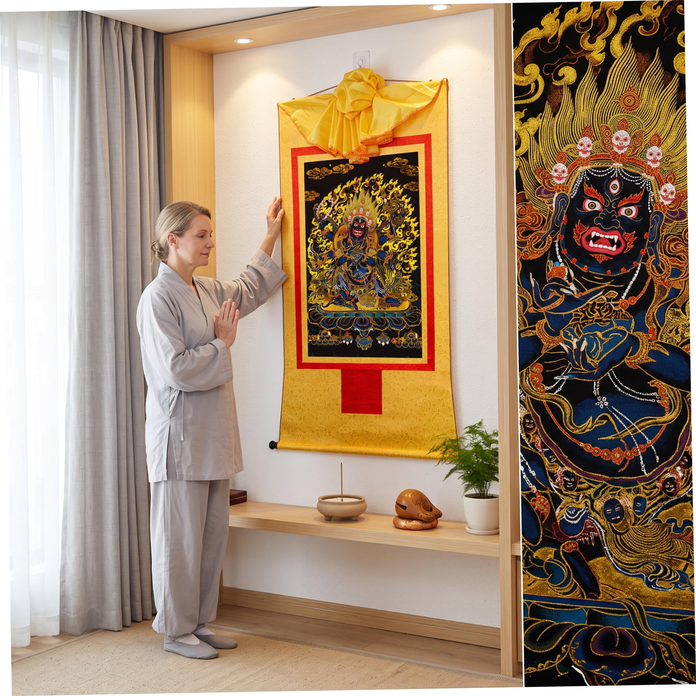 Tsawntd Tibetischer Thangka: Sechsarmiger Mahakala mit Goldprägung, Gold