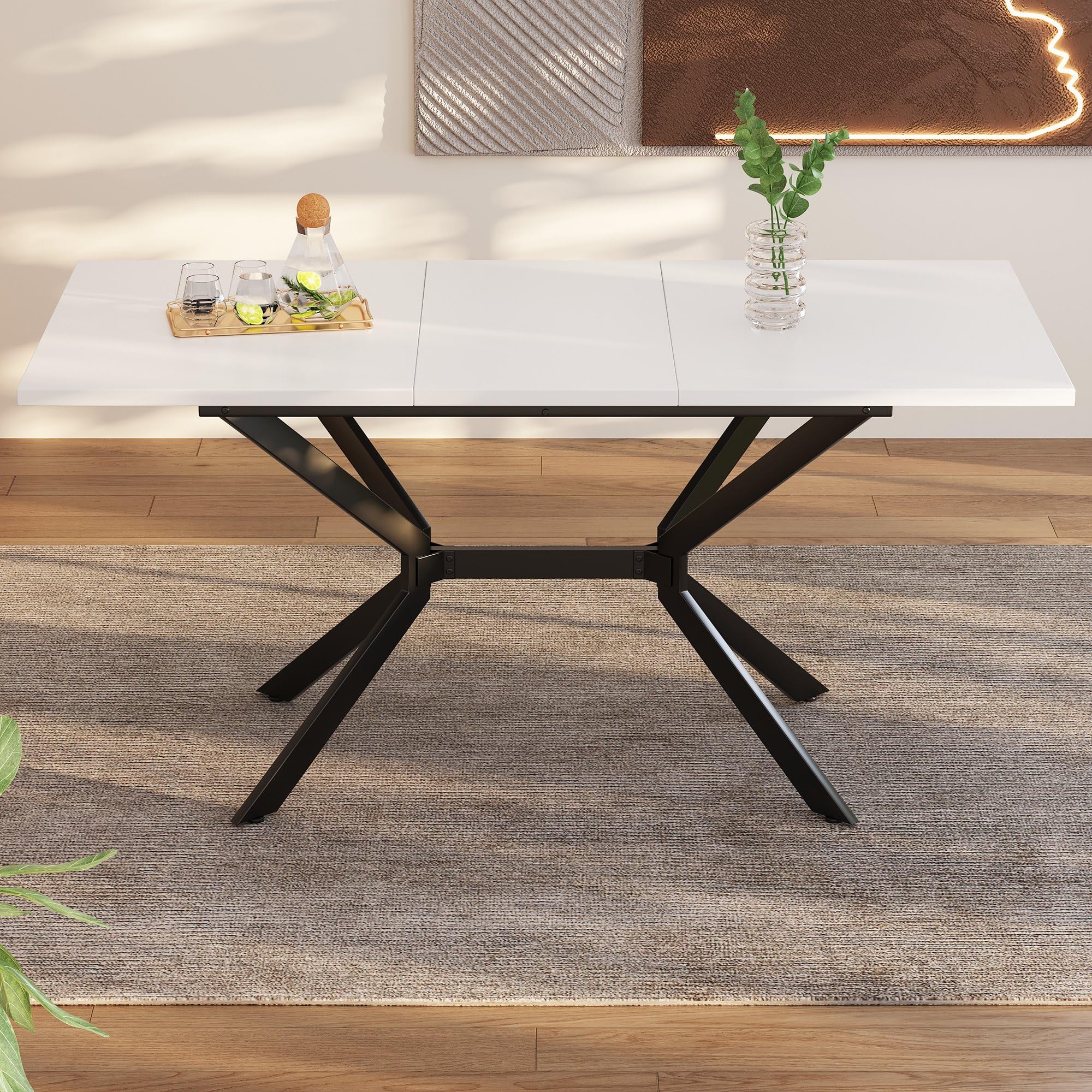 Stół do jadalni z możliwością rozszerzenia 120-160 x 80 cm, biały z czarnymi metalowymi nogami, MDF, prostokątny, dla 4-6 osób, wysokość 75 cm