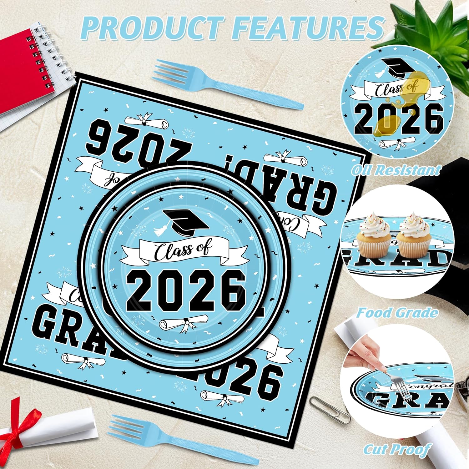 122 Pcs Graduation Plates and Napkins 2026 Serve 30, Disposable Graduation Decorations Class of 2026 Decorations, Skyblue Paper Plates and Napkins Forks Tablecloth Grad Tableware for Party Supplies
