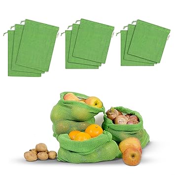 Fab Ellite Cotton Vegetable Bags Fridge Storage Bag Sabji Fruits Pouch Refrigerator Produce bags Clothe Muslin Reusable Washable with Drawstrings (Green, Pack of 9)