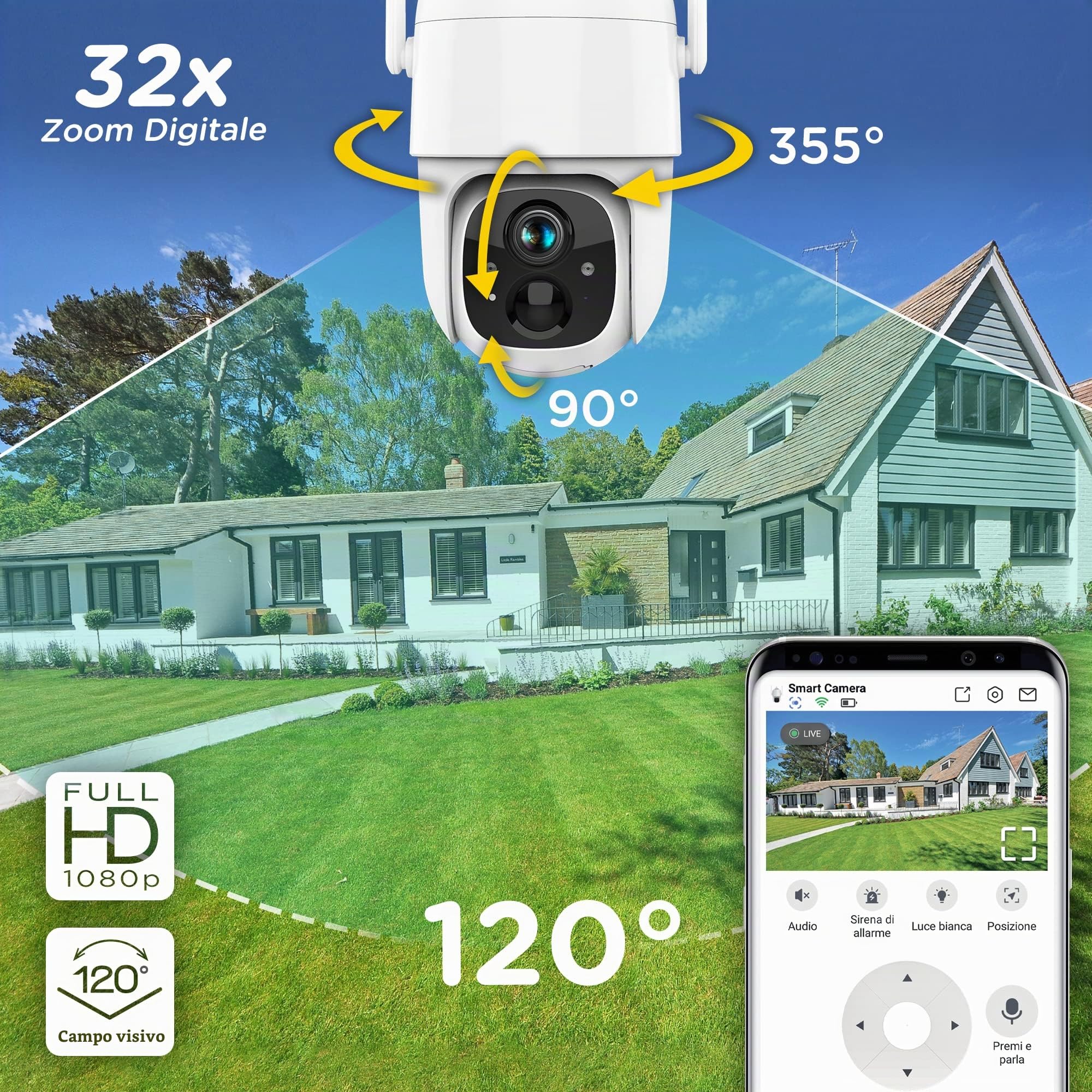 ATLANTIS telecamera motorizzata Volta Pro PT A16-VL66P, 360° PTZ, Wi-Fi senza fili interno esterno a batteria ricaricabile,pannello solare,videocamera sorveglianza,visione notturna,full hd 1080,Bianco