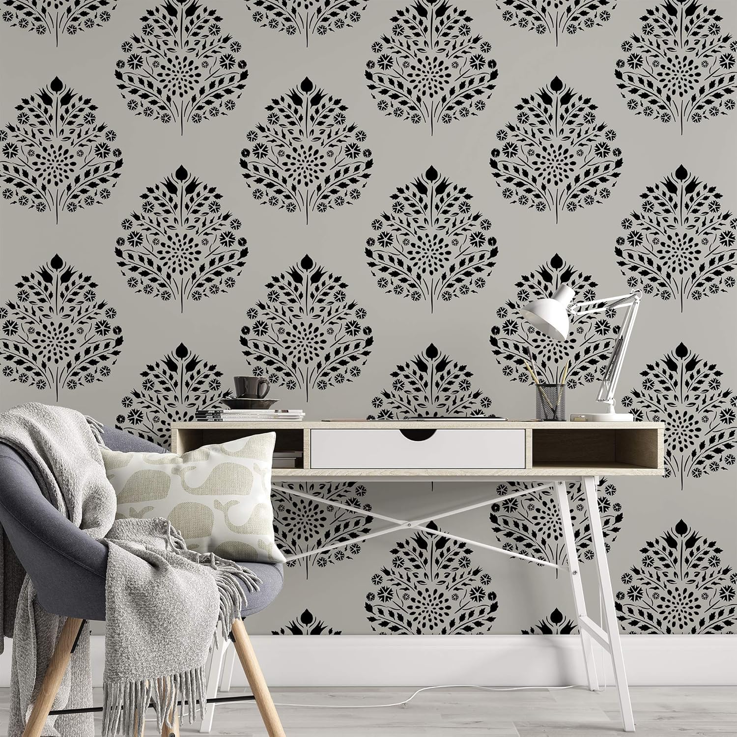 Leaf Damask Wall Stencil - Large Pattern for Home Decor