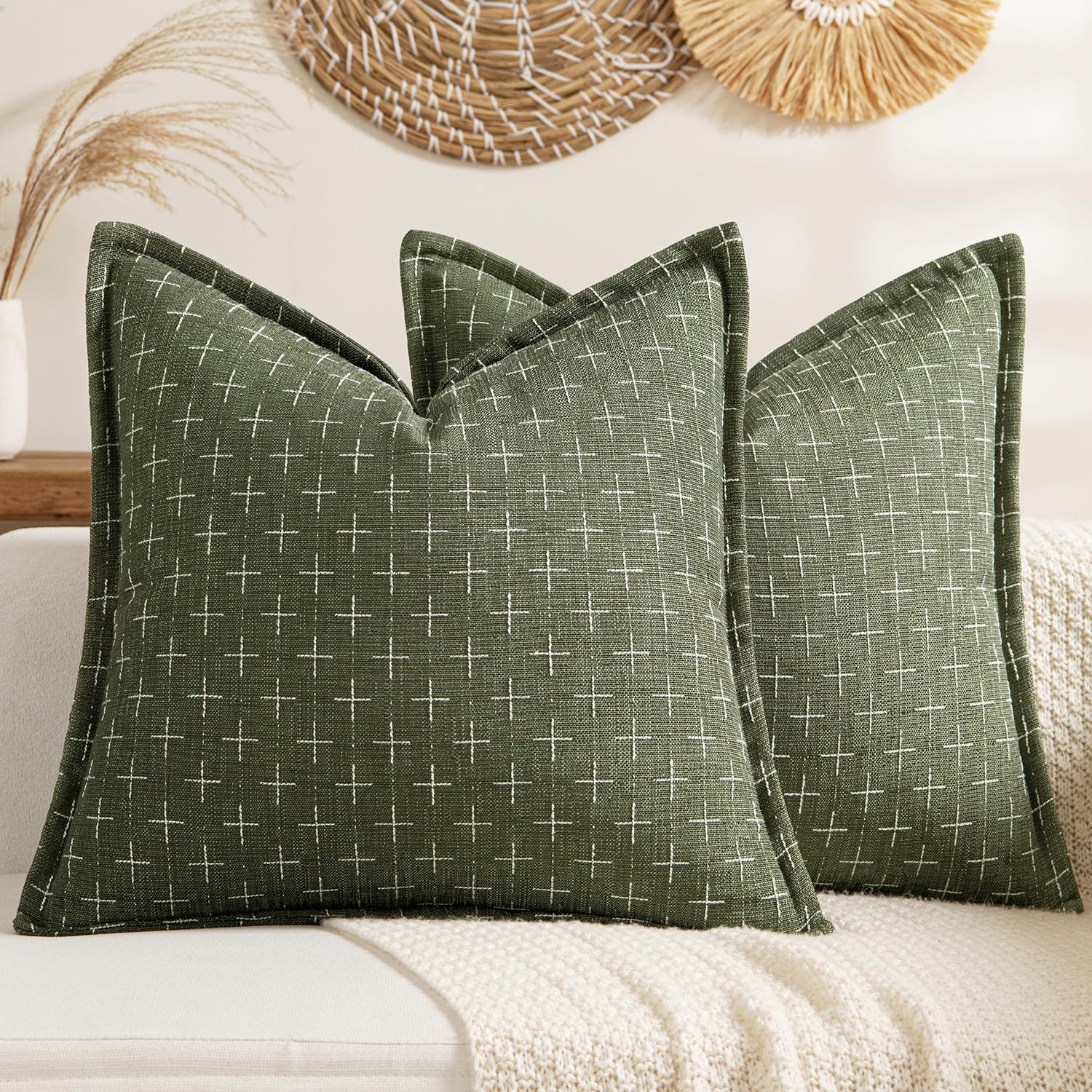 Fundas decorativas de lino de arpillera de 18 x 18 pulgadas, color verde oliva, vintage, fundas de almohada modernas para exteriores, fundas de cojín tejidas con textura para sofá, cama, sala 7