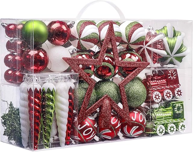 Valery Madelyn 100pcs 3-13cm Shatterproof Christmas Baubles,Country Red Green and White Christmas Ball Ornaments for Christmas Tree Decorations