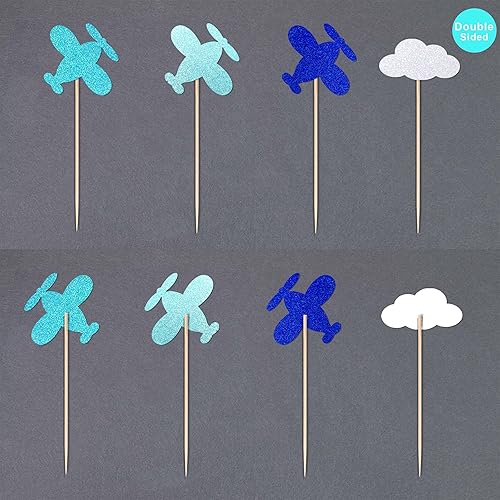 Miniatura 4 de 24 piezas de lindos adornos para cupcakes de avión de nube con purpurina azul de doble cara para decoración de baby shower, boda, aniversario,