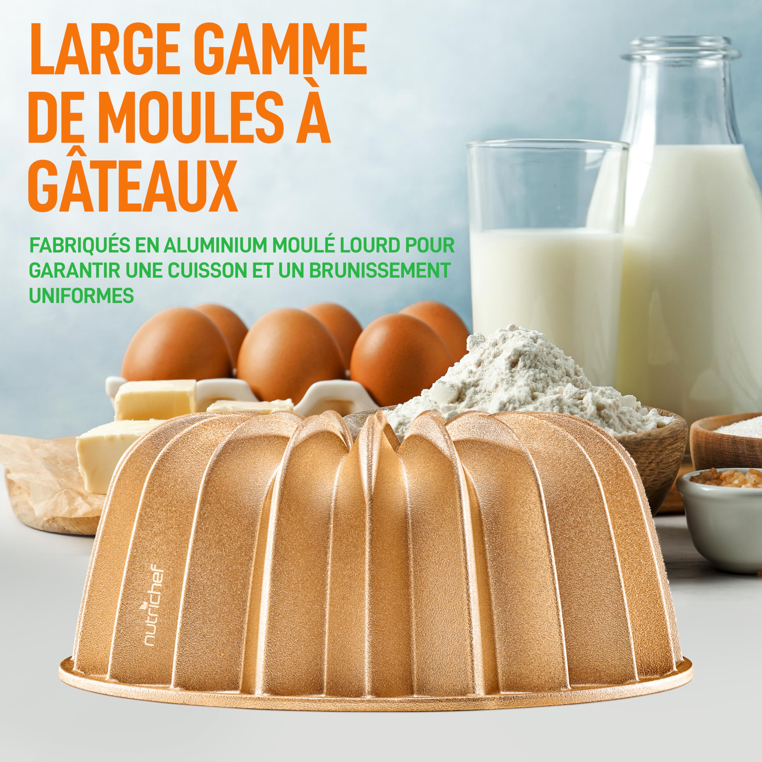 NutriChef Moule à Gâteau 23 cm – Aluminium Épais, Revêtement Antiadhésif, Lignes Acanalées, Chauffe Uniforme Jusqu’à 260 °C, Doré, Gold