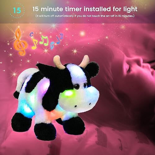 Miniatura 7 de Hopearl Vaca de peluche con luces LED y música, con volumen ajustable, canciones de cuna, animado, da calma, para festival, cumpleaños, niños