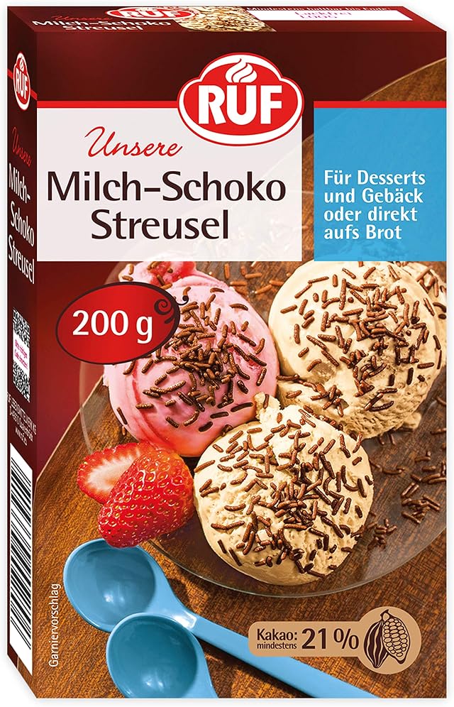 RUF Milch Schoko-Streusel, Schokoladen-Dekor aufs Brot für bunte Plätzchen, Kuchen, Muffins, Pudding und Eis, glutenfrei, 1 x 200g